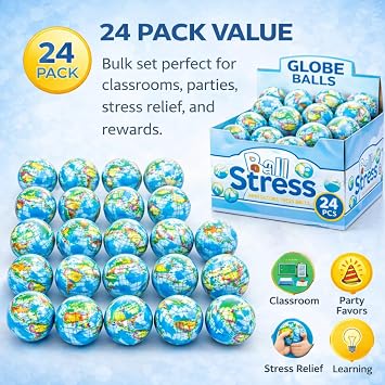 24 Pack - كرات ضغط الأرض الرغوية الناعمة من Globe Mini ، 2.5 بوصة لعبة عالمية قابلة للعصر لإغاثة السائبة ، التحف التعليمية للأطفال ، المدرسة ، الفصل الدراسي ، الحفلات المفضلة ، المكافآت