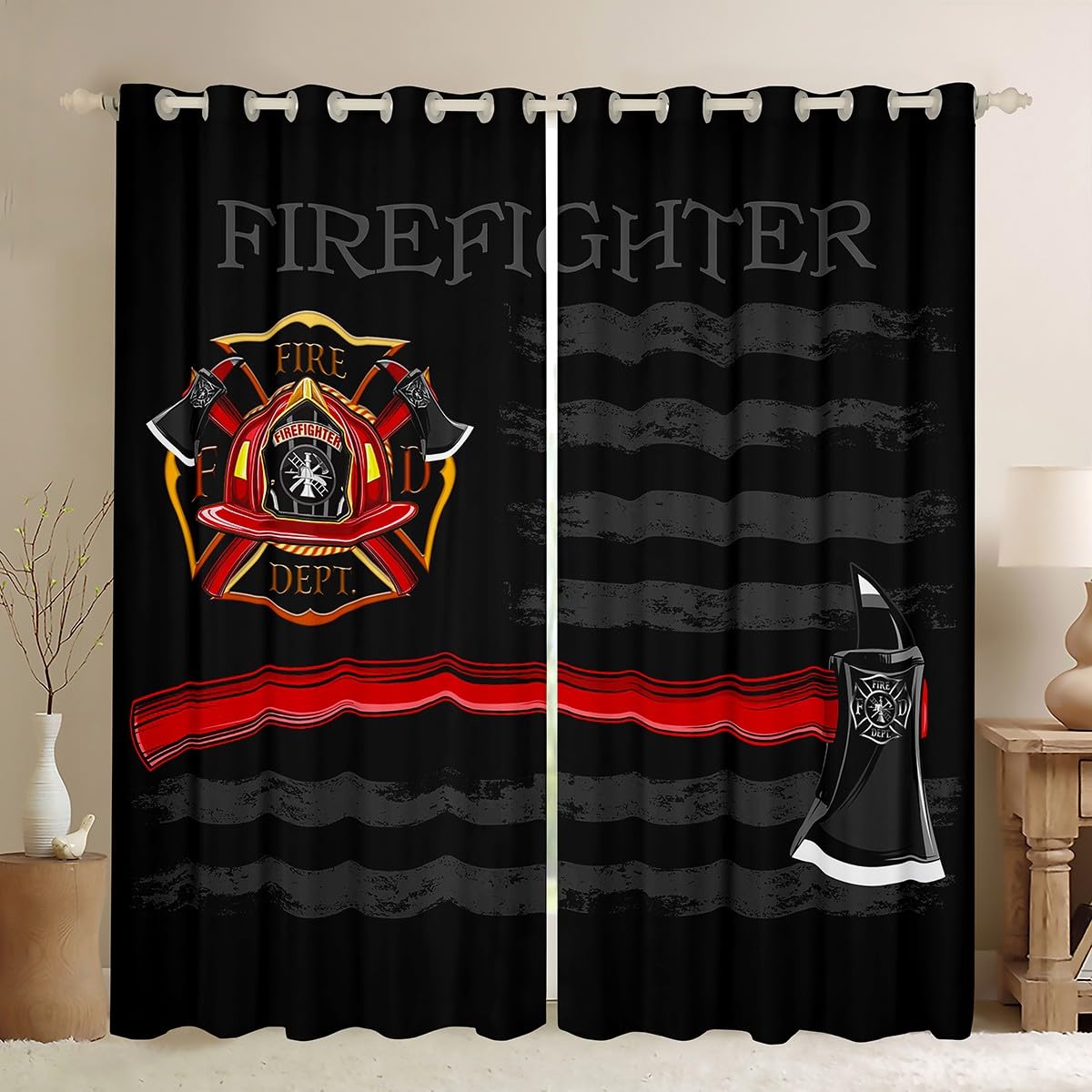 Firefighter Blackout Curtains,American Flag Geometric Stripes Window Drapes for Boys Girls Adults,Fire Fighting Truck Tools Red Black Fashion Window