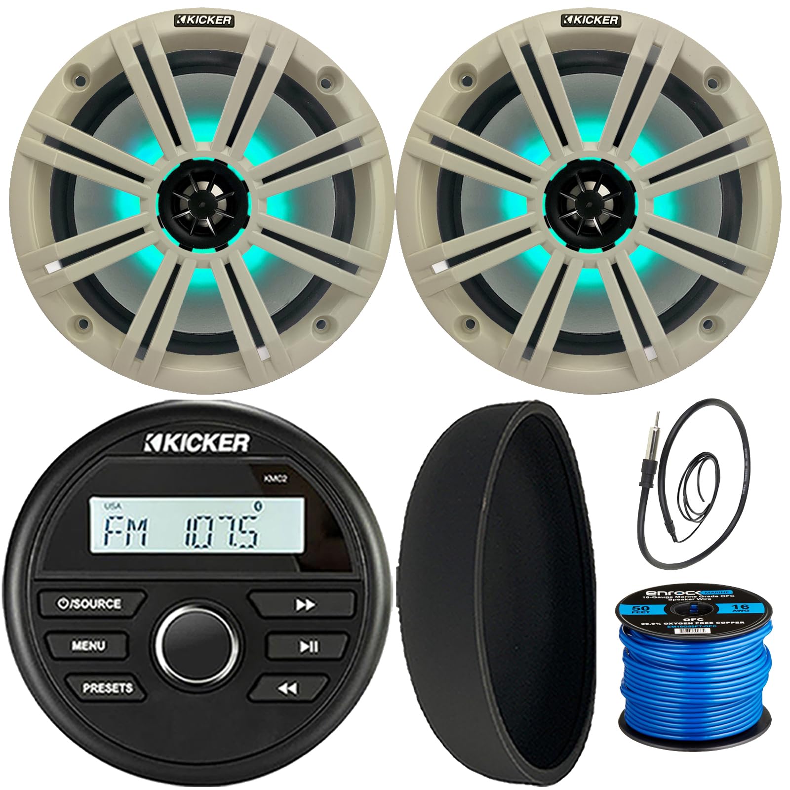 KICKER 46KMC2 Marine Bluetooth All-Weather AM/FM USB/AUX Gauge Style Media Center Receiver W/Black Cover, 2X 8 300W Max Power RGB LED Boat Speakers W/White Grille, 22