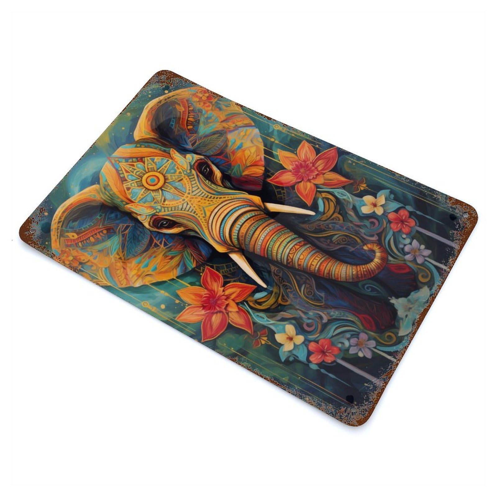 Rustic Tin Plaque Painted Elephant Animal 11.8"x7.9", Retro Wall Decor for Shed, Workshop And Garage Wall Decor