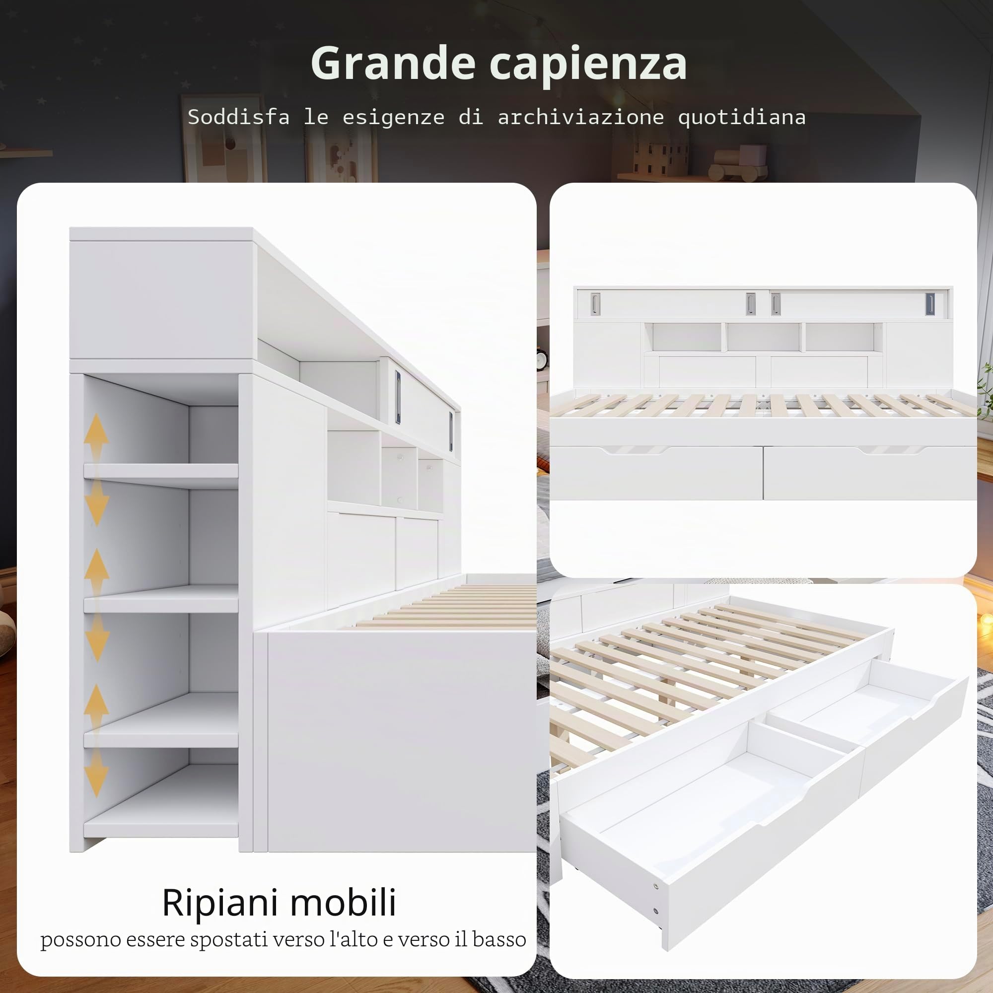 Letto per bambini 90x200, letto singolo con ripiani e armadio contenitore, letto contenitore con cassetti, struttura letto con rete a doghe, per adulti e ragazzi, senza materasso, bianco