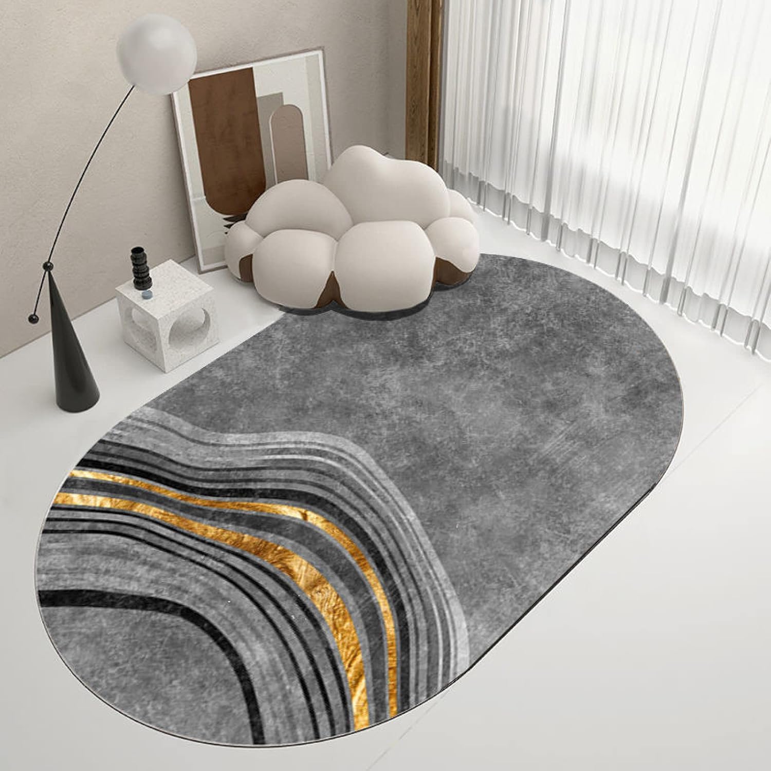 Kurzflor Oval Teppiche Fußmatte Innen Waschbar rutschfeste Fussmatte für Eingangsbereich Bettvorleger Sofa Matte, Schwarz, Grau, Gold Oval 90x180cm