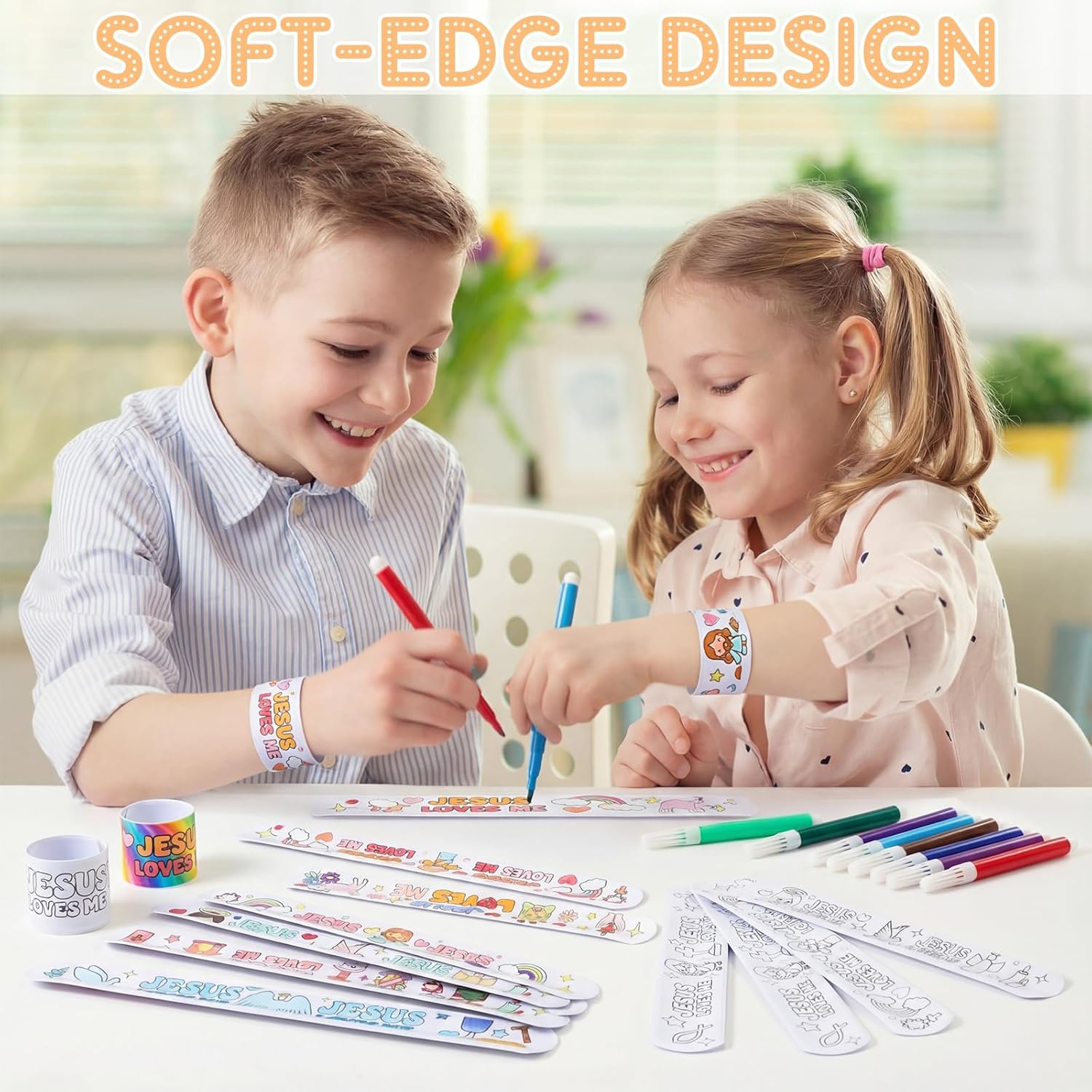 100pcs Jesus Loves MeColor Your Own Wristbands with 5 Packs 12-color Washable Watercolor Pens, DIY Religious Paper Bracelets for Easter Sunday School Church Vbs Party Favors