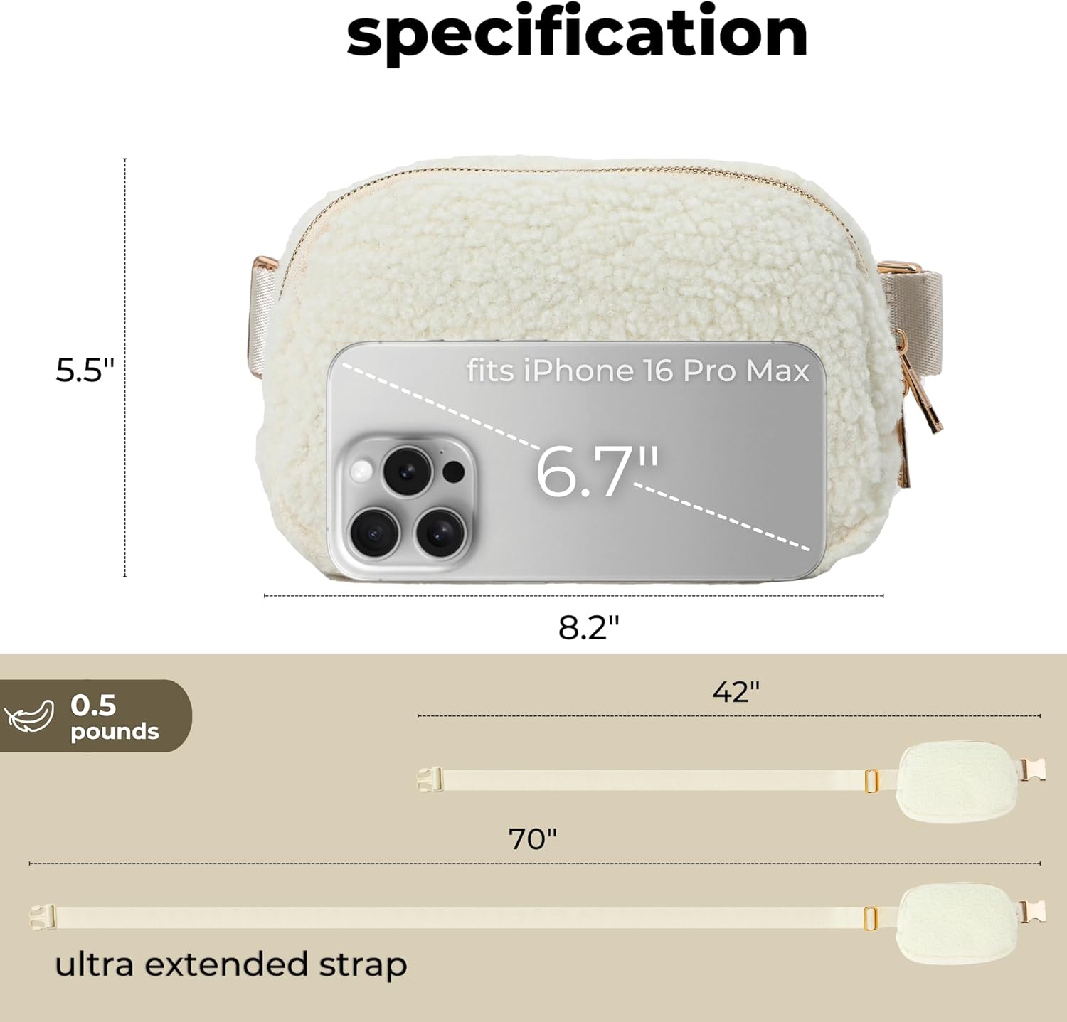 FORZAROCKET Plus Size Sherpa Fanny Pack | XL Extended Strap 70" | Gold Hardware | Women Fleece Crossbody Belt Bag - Image 4