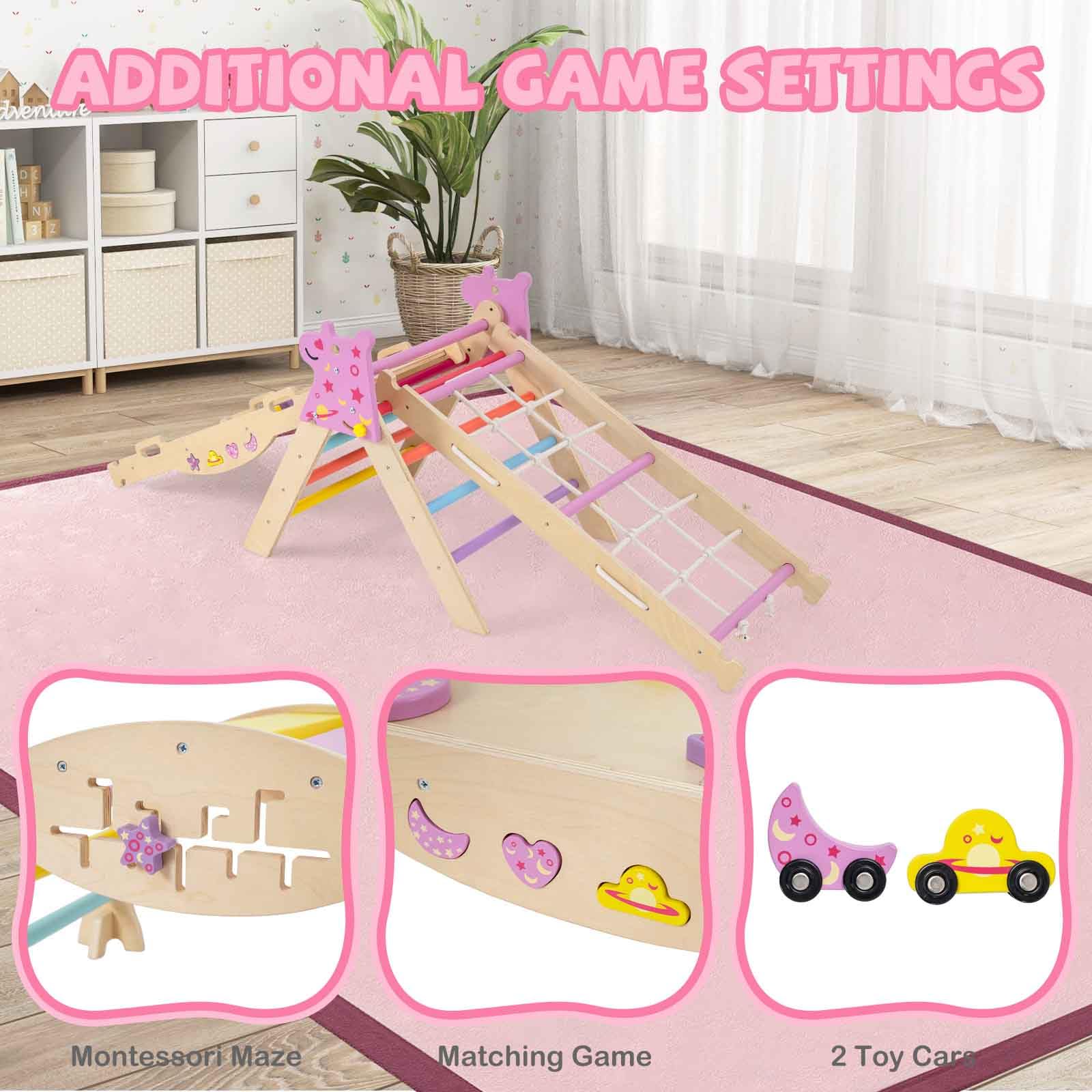 HOMASIS 4 in 1 Kletterdreieck mit Kletternetz, Kletterbogen, Wippe & Leiter, Klettergerüst mit doppelseitige Rampe & Baustein Set, Holz Sprossendreieck für Kinder ab 1 Jahr (Macaron, Einhorn)