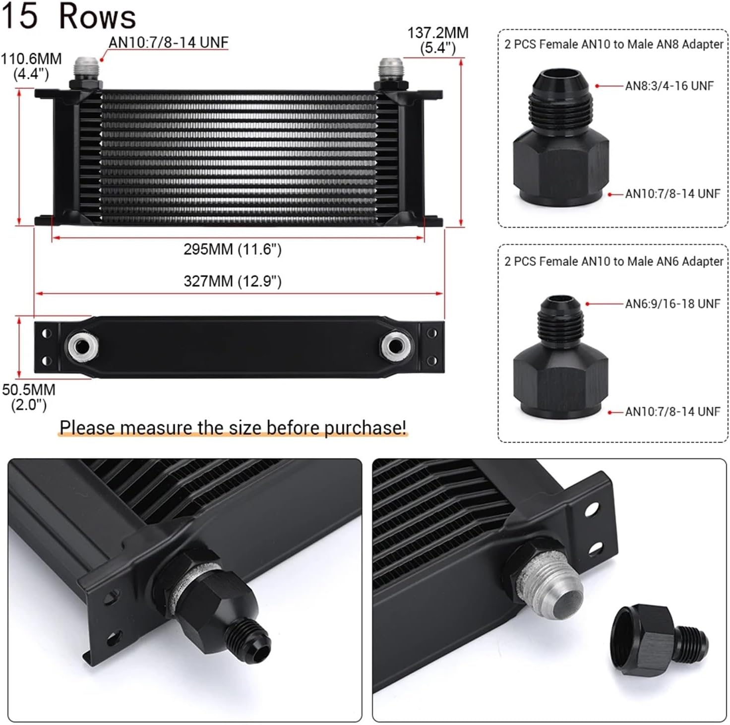 AN10 Aluminum Radiator 7/10/13/16/19/25/30 Rows British Type Car Engine Oil Cooler Cooling Radiator Replacement Universal Cooler(6721 Oil Adapter)