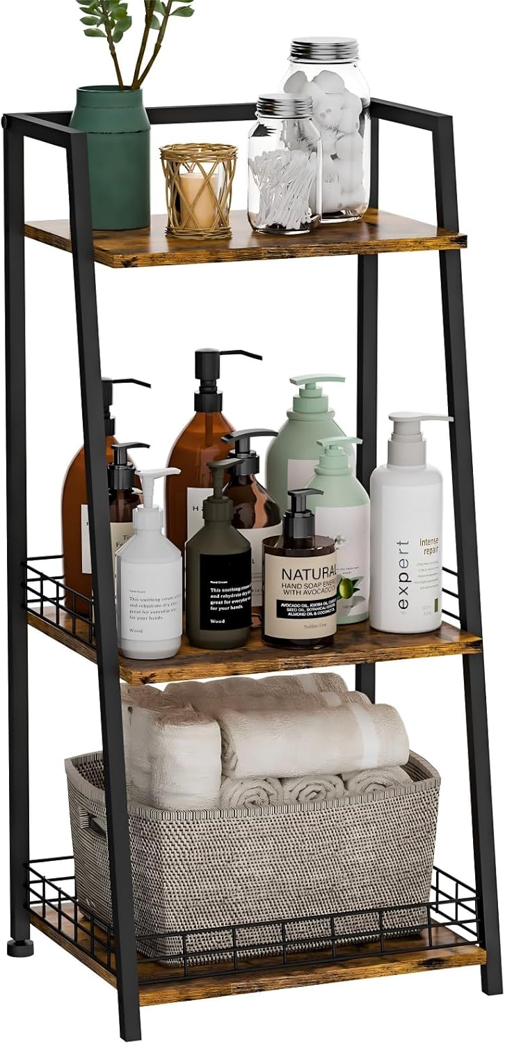 3-Tier Bathroom Shelf with Fence, Retro Bathroom Organizers and Storage Stand, Wood Shelving Unit with Metal Frames, Classic Open Floor Storage Shelves for Bathroom, Laundry Room, Living Room