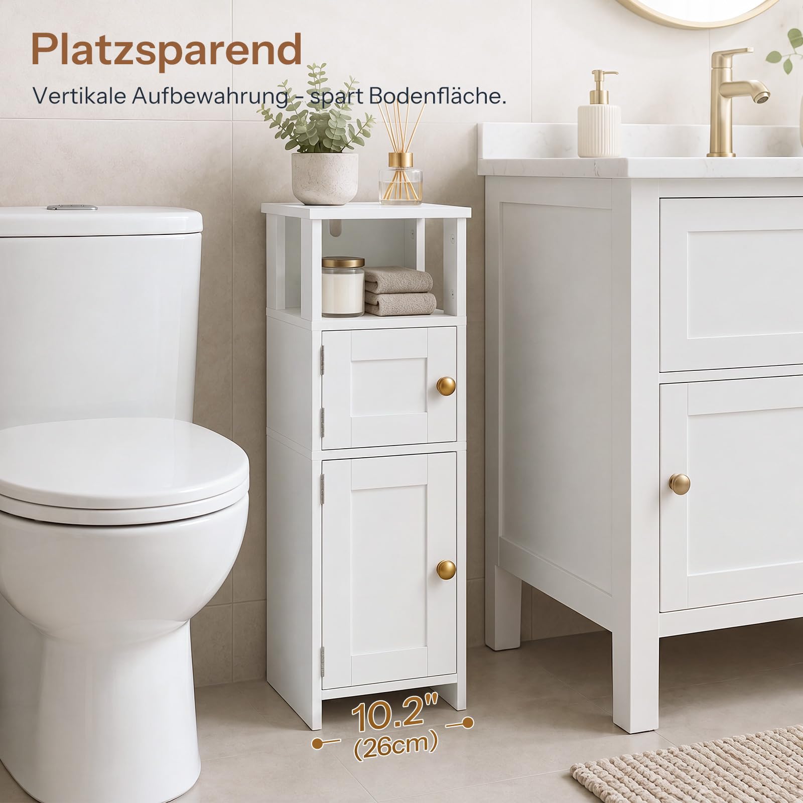 HOOBRO Schmaler Badezimmerschrank, freistehender Badschrank mit verstellbarem Einlegeboden, Hochschrank für Badezimmer, Waschküchen, einfache Montage, offener und verdeckter Stauraum, Weiß EWT42BC01