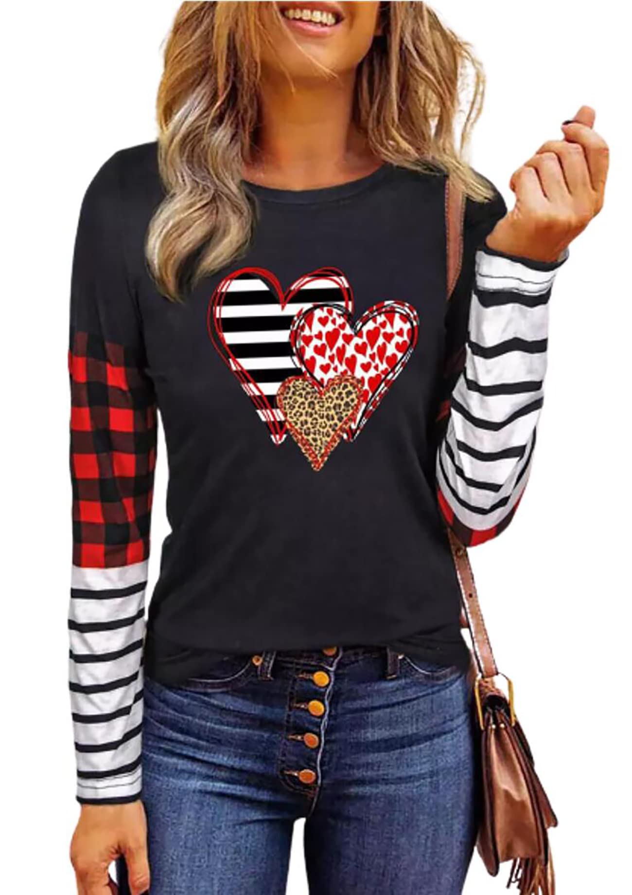 SusongethValentines Day Shirts for Women Funny Plaid Love Heart Graphic Valentines T-Shirt Plaid Striped Splicing Long Sleeve Tops