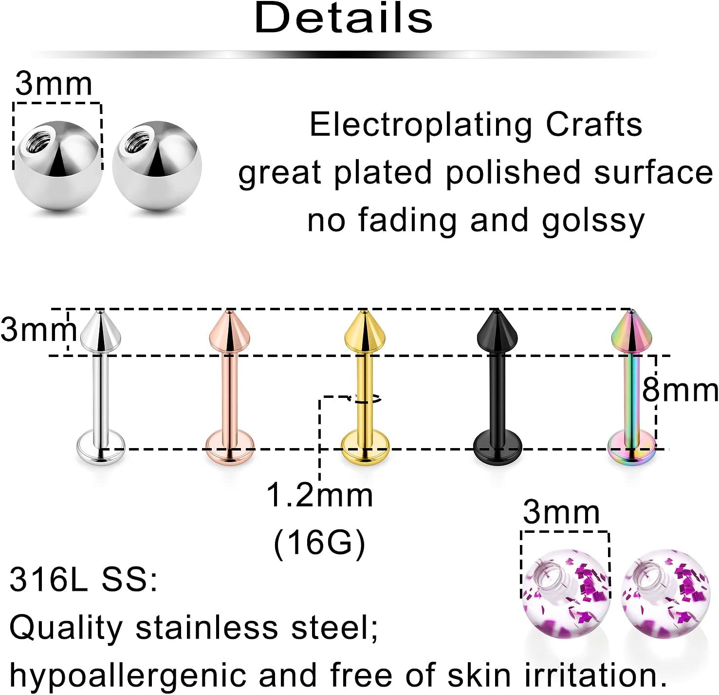 Ftovosyo 20Pcs Lip Rings + 30Pcs Replacement Balls 16G Surgical Steel Labret Studs Medusa Piercing Jewelry for Women Men Externally Threaded Barbell Parts - Image 2