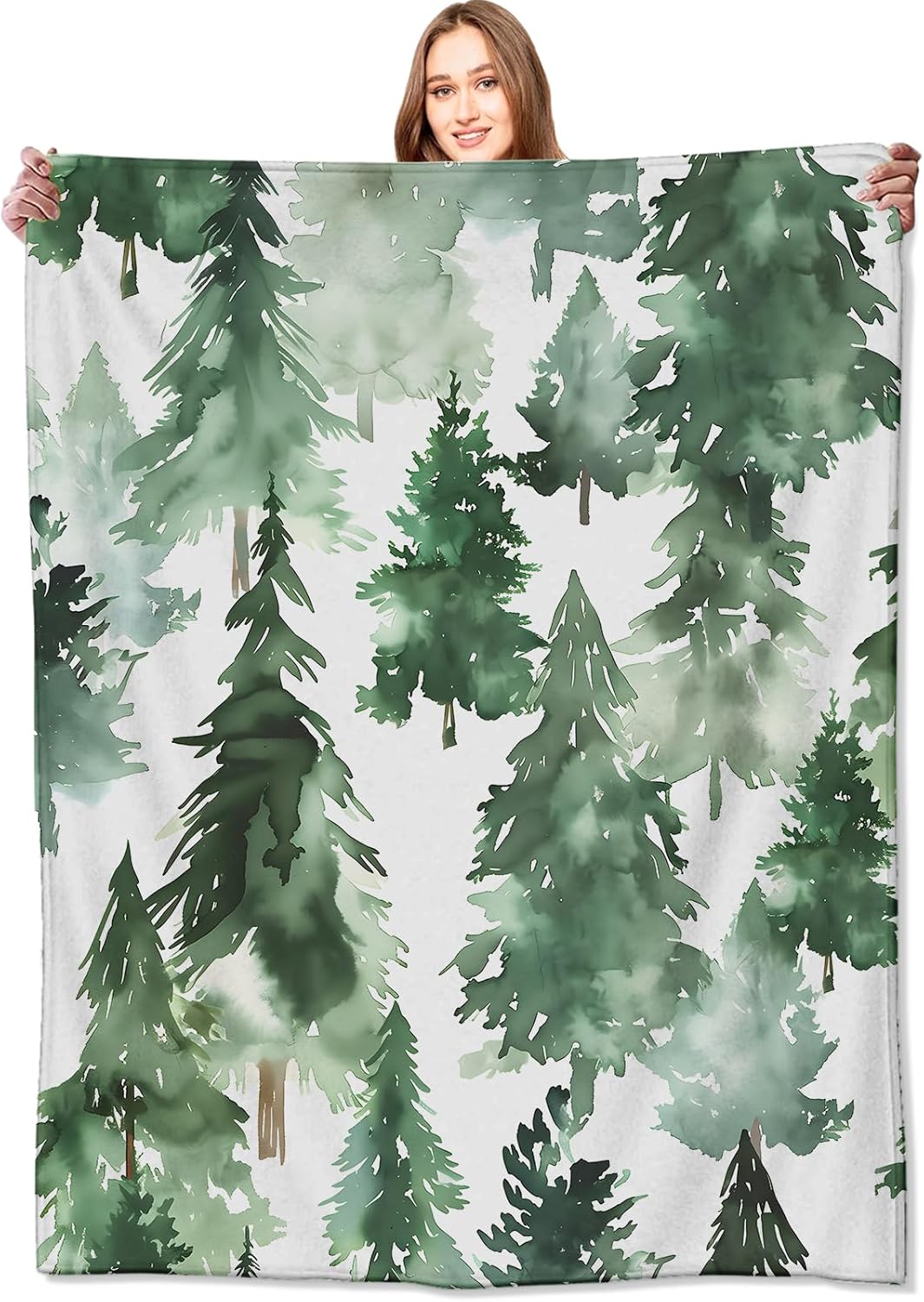 Enchanted Forest Blanket Tranquil Forest Trees Throw Blankets with Lush Green Pines,Cups,Beans,Birthday Gifts for Women,Lightweight Soft Fleece,for Sofa Couch Bed Room Rustic Decor 50x60in