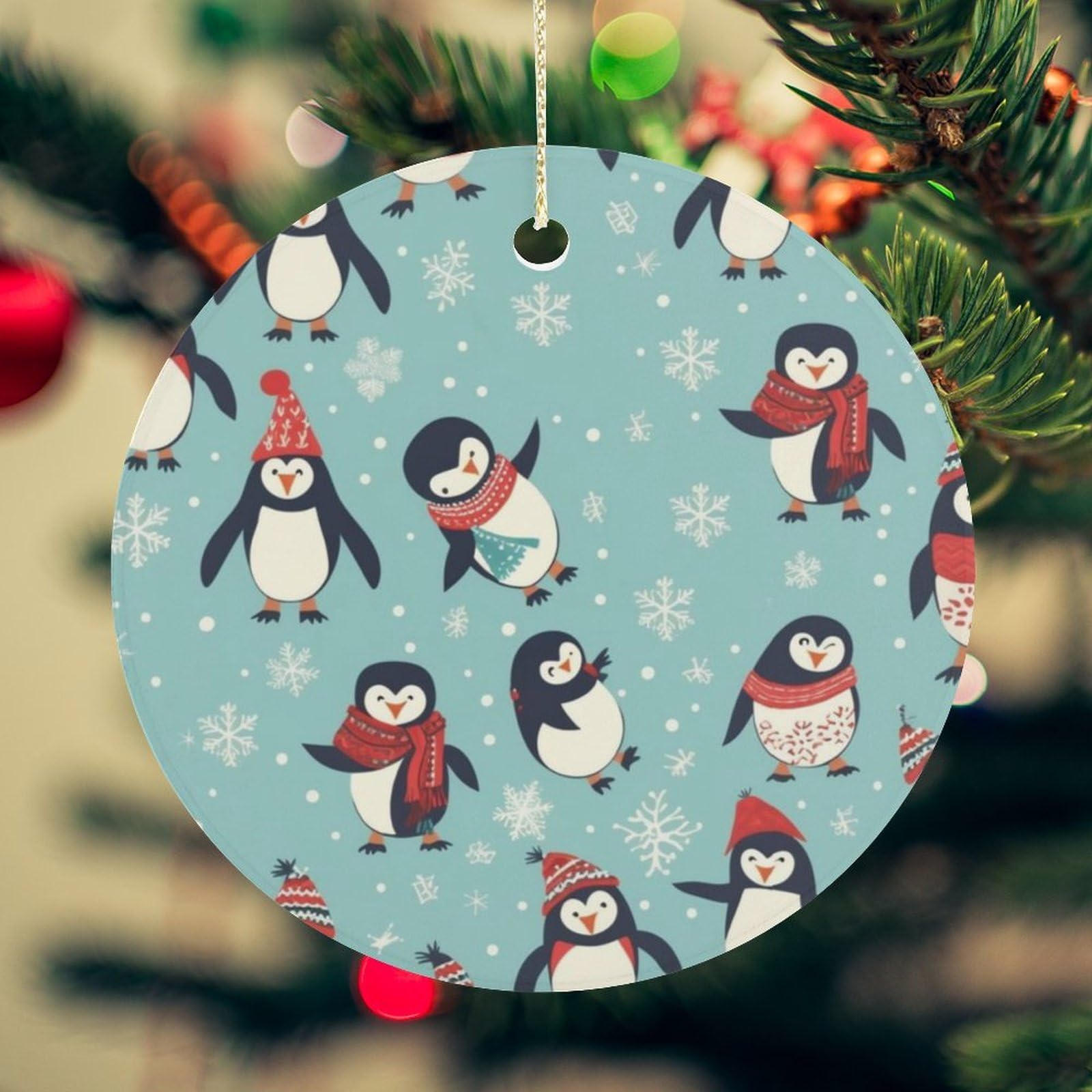 Winter Christmas Penguins Christmas Ornament for Christmas Tree Ceramic Round Ornament Winter Holiday Keepsake Gift 2.7" Christmas Tree Hanging Decorations Circle Ceramic Pendant Xmas Gift