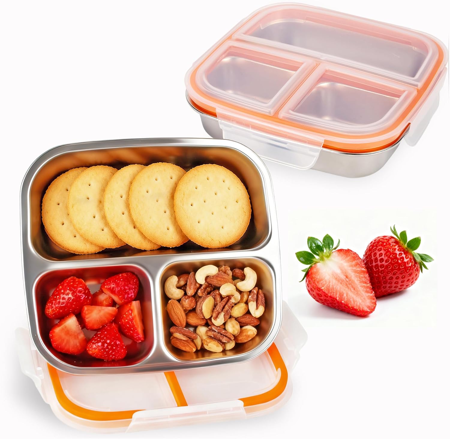 MACTANO Stainless Steel Snack Containers with Lids, 2 Pack Reusable Snack Box 3 Compartments Metal Bento Box Divided Food Containers