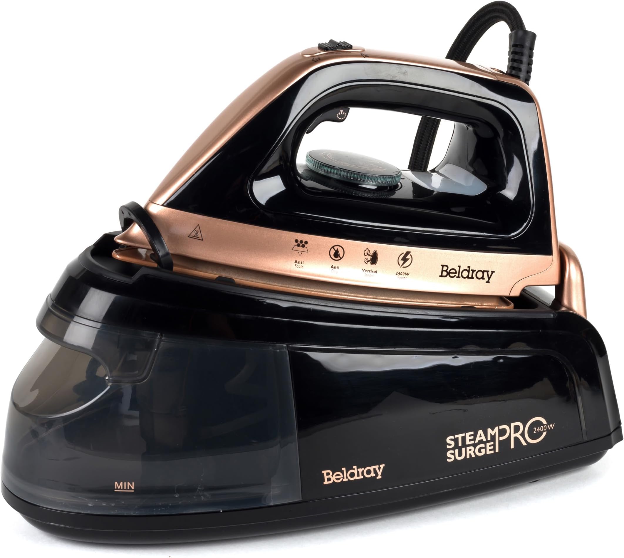 Beldray Steam Station Iron โ Steam Generator Iron, Detachable 1.2L Water Tank, Smooth Glide Soleplate, Powerful Steam Burst, Vertical Steam, Adjustable Temperature Dial, 2400W, Rose Gold, BEL01137-150