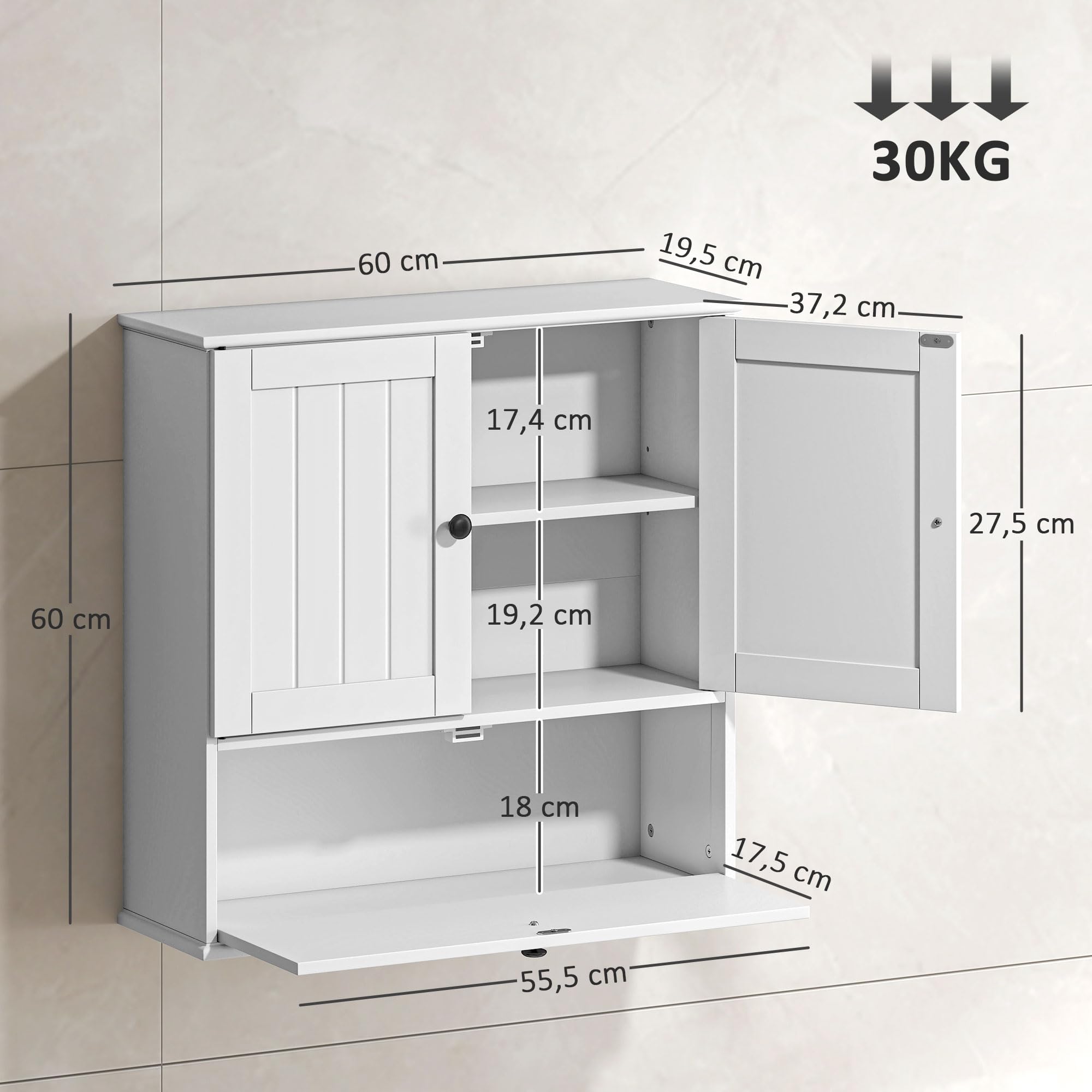 HOMCOM Armario de Baño de Pared, Estante Ajustable, Doble Puerta, Blanco | Mueble de Baño Colgar Rústico, Puerta Abatible, Cierre Magnético, para Cocina, Lavadero, sobre el Inodoro