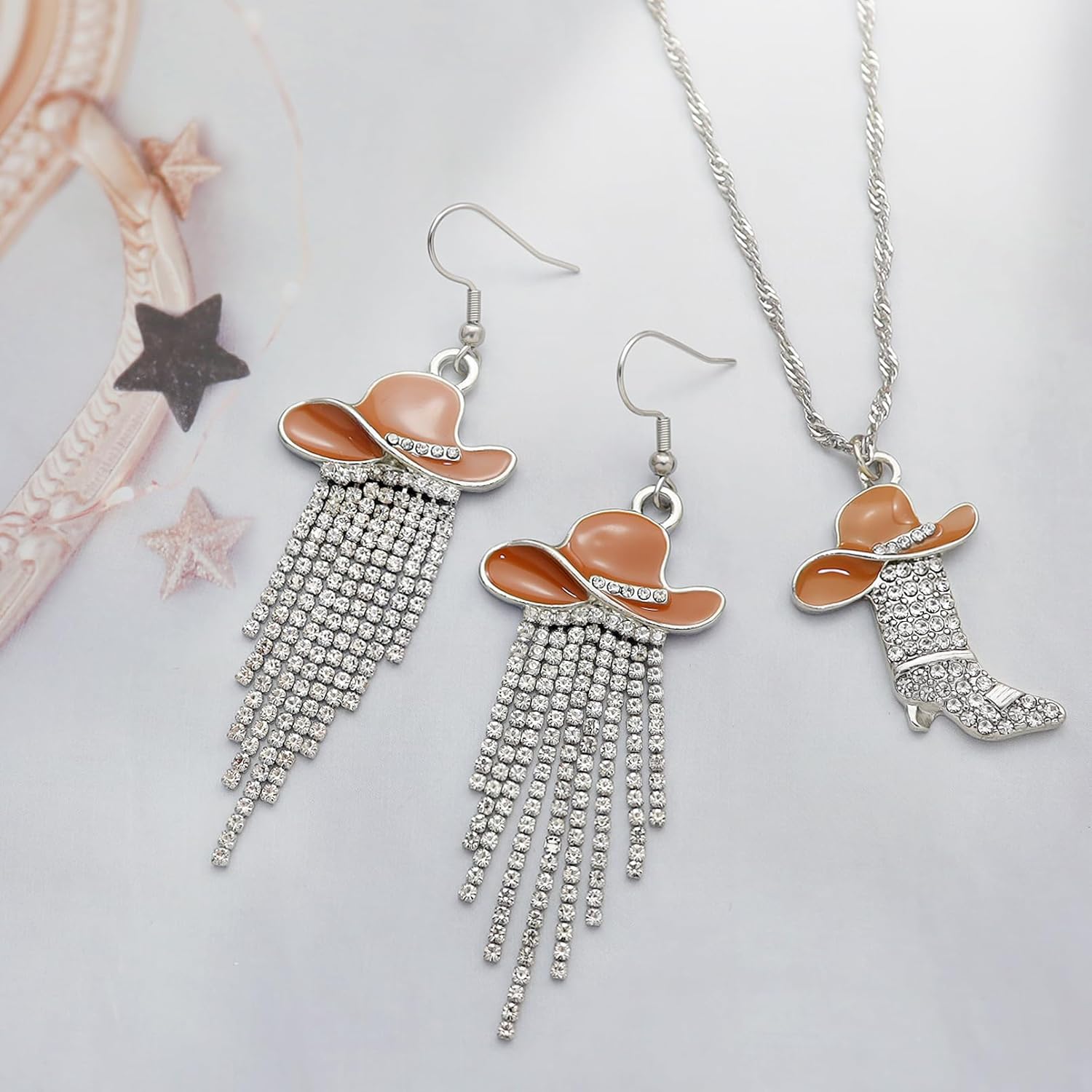 2pcs Western Earrings Necklace Jewelry Set,Sparkly Rhinestone Tassels Cowgirl Earrings+Crystal Boots with Enamel Cowboy Hat Pendant Necklac for Women,Wild West Country Rustic Style - Image 6