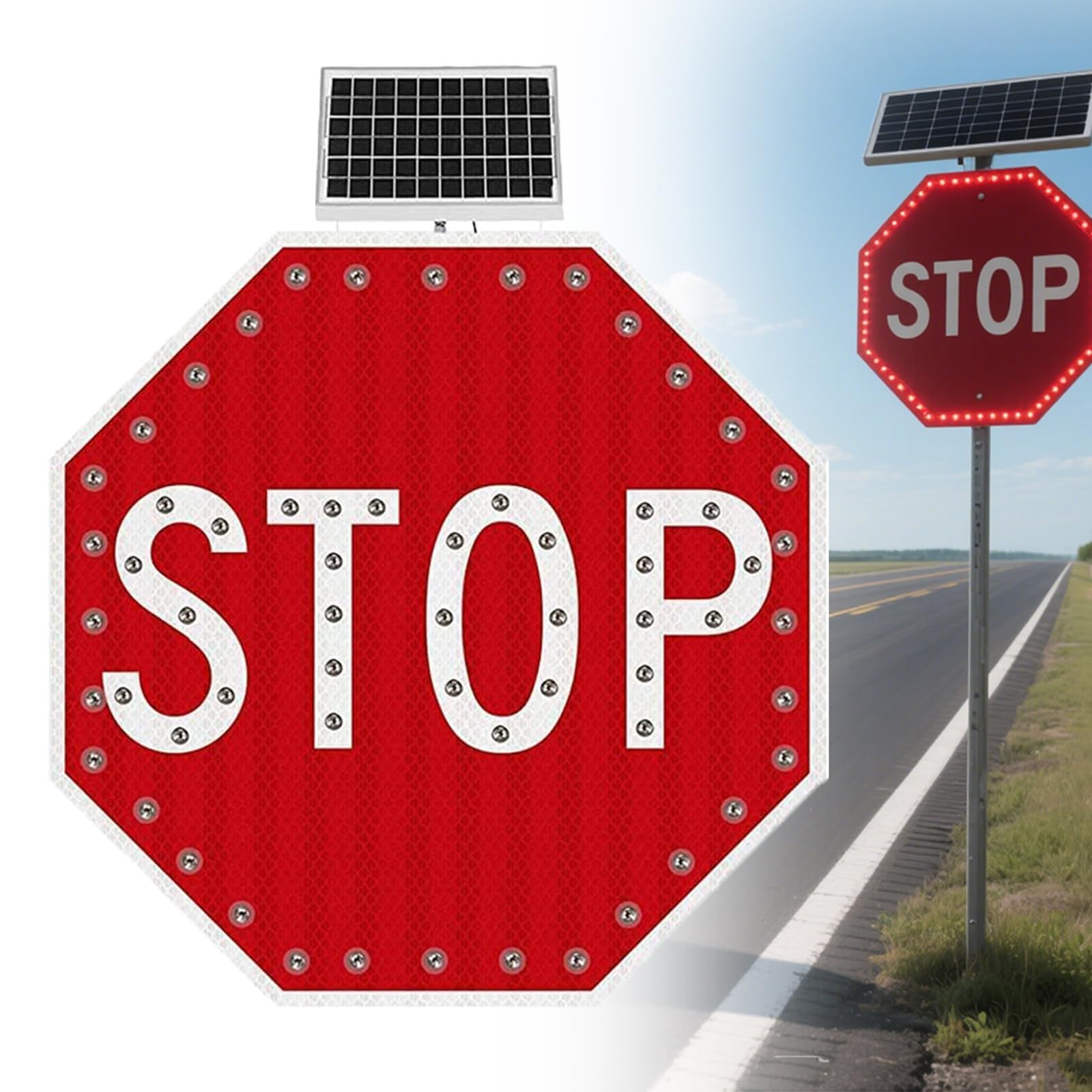 PtaTritious 24"/30'' Solar Stop Sign, LED Flashing Stop Sign, Aluminum Octagon Road Signs Traffic LED Blinking Street, Heavy Duty Rust-proof Metal Frame, IP65 Waterproof 30''