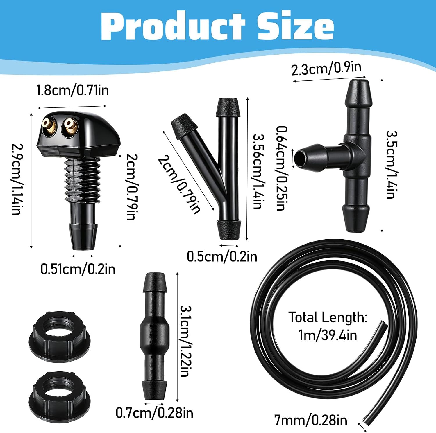Front Windshield Washer Nozzles Set, Front Windshield Washer Nozzle kit and Fluid Hose Double-Hole Auto Wiper Water Sprayers with Hose and Connectors for Most Cars