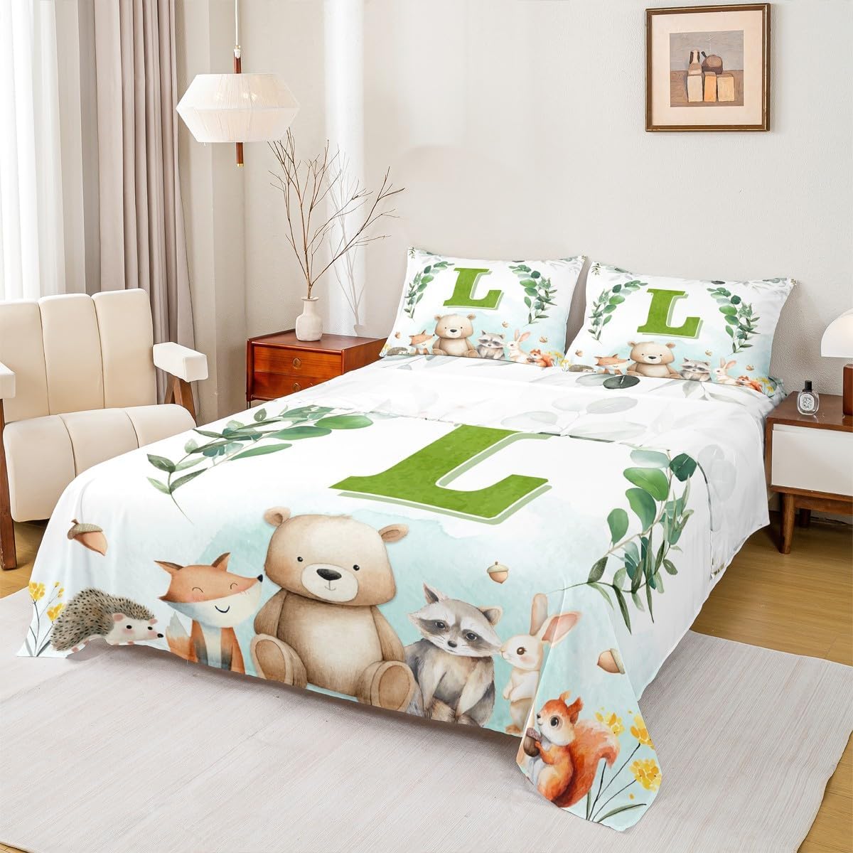 Erosebridal Woodland Animal Bed Sheets King Size for Nursery Boys Girls Eucalyptus Sheet Set for Baby Initial Letter Bedding Set Jungle Cartoon Cute Animal Sheets,Luxury Soft(A)