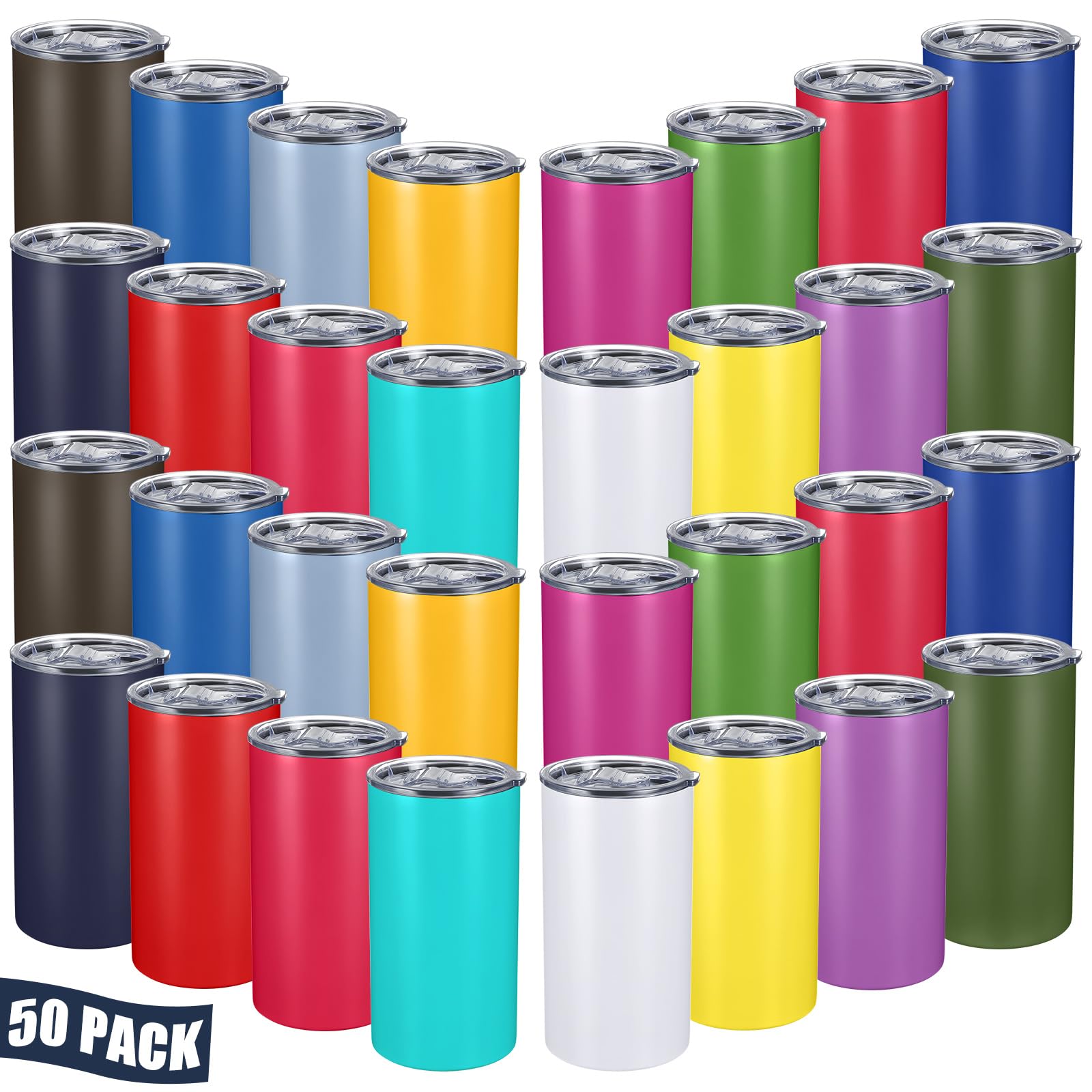 50 vasos de acero inoxidable de 20 onzas a granel con tapas, taza de viaje aislada al vacío, taza de café con recubrimiento en polvo, taza de café delgada de acero inoxidable para café, bebidas,