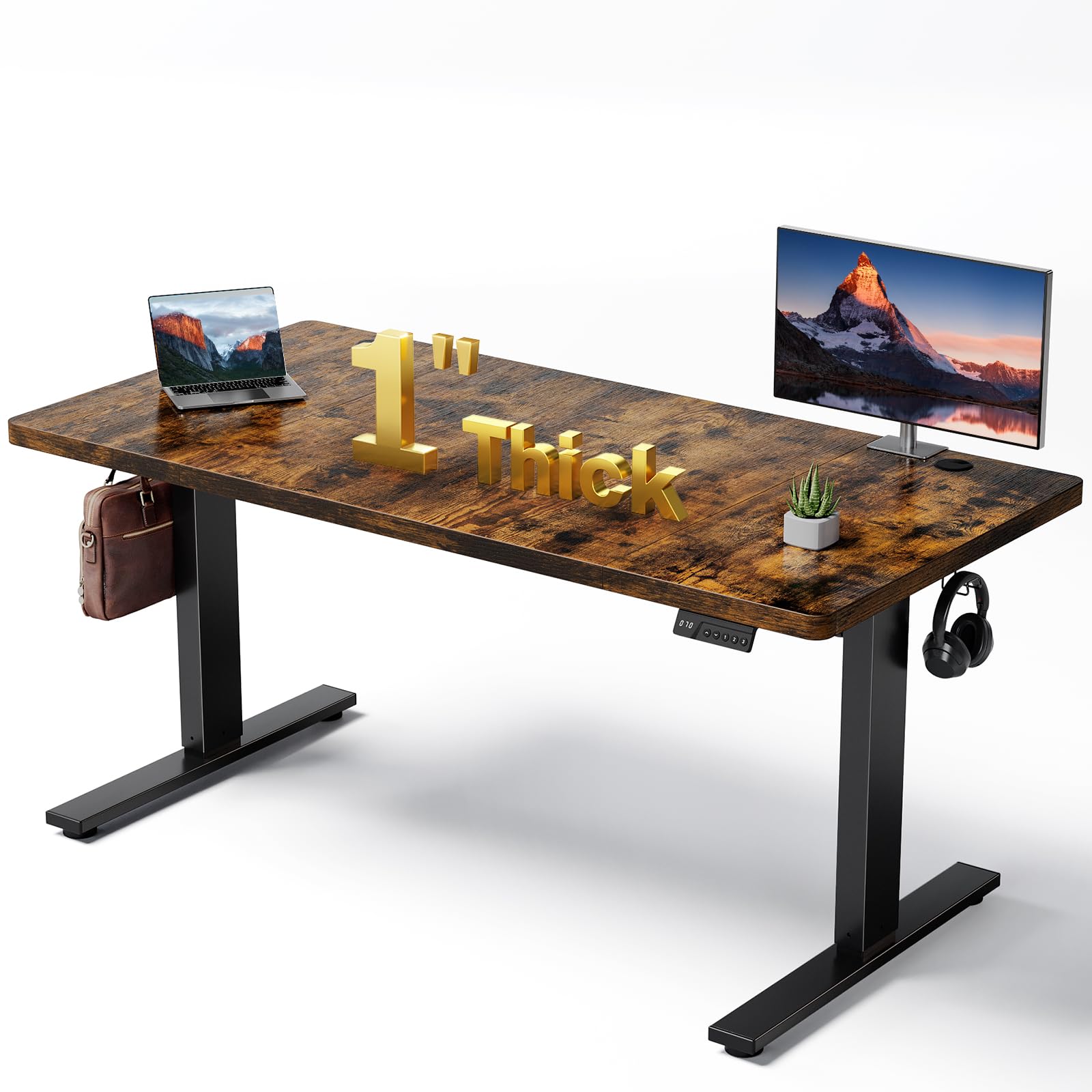 DeskShow 1 Inch Thick Tabletop Electric Standing Desk Adjustable - 60x28 Inch Sit Stand Desk, Double Beam Frame, 3 Memory Height Adjustment, Cable