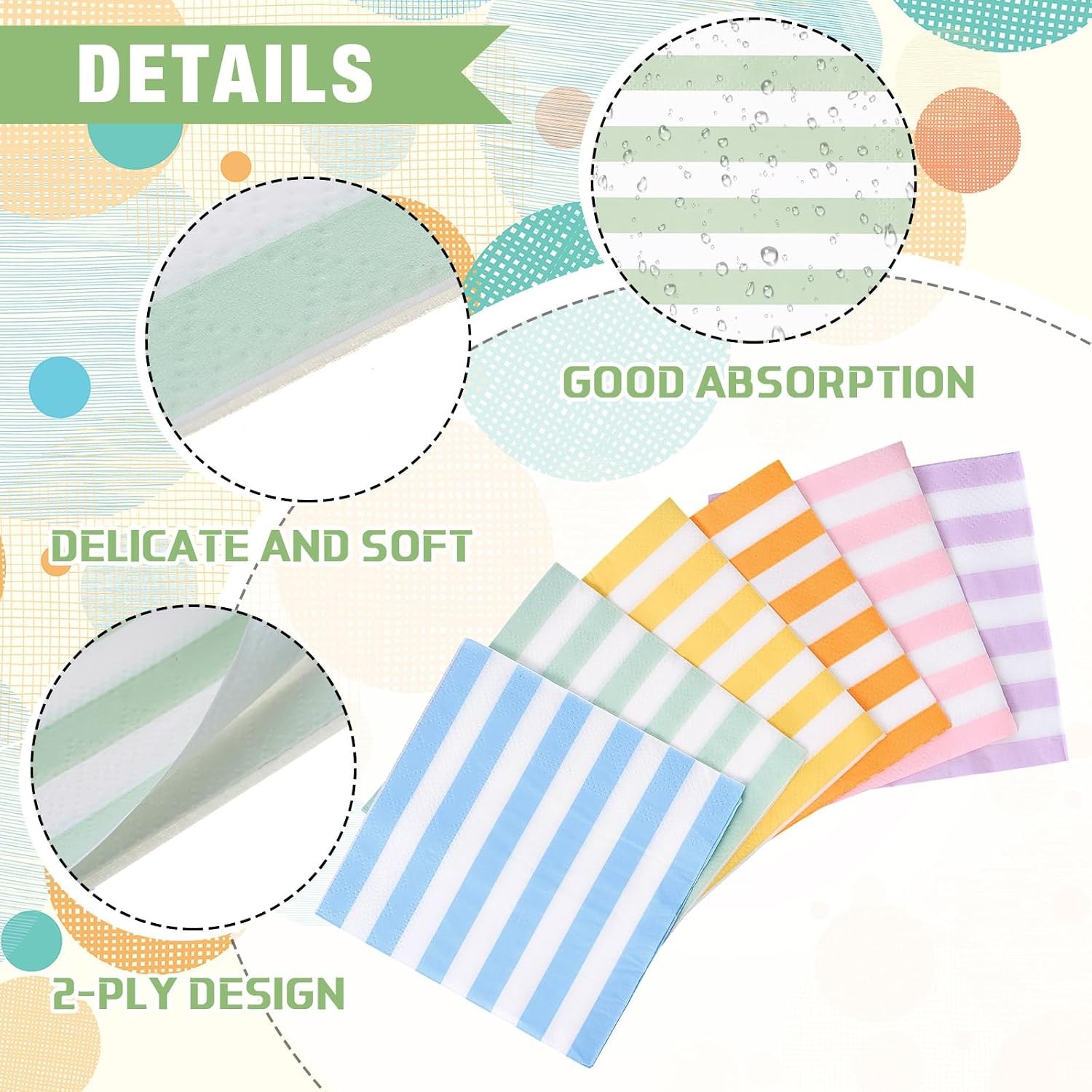 240 Pack Cocktail Napkins 5x5 Inch, Pastel Stripe Disposable Paper Napkins