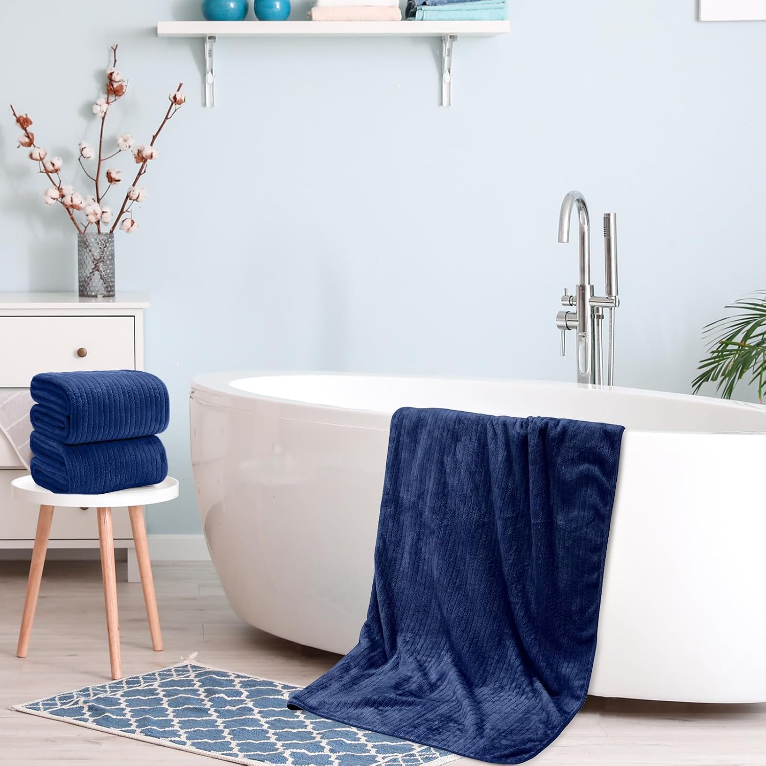 4 Pcs Extra Large Bath Sheets 40 x 80in Oversized Jumbo Bathroom Towel Giant XXL Coral Fleece Beach Sheets Soft Quick Dry Absorbent with Hanging Loop (Dark Navy)