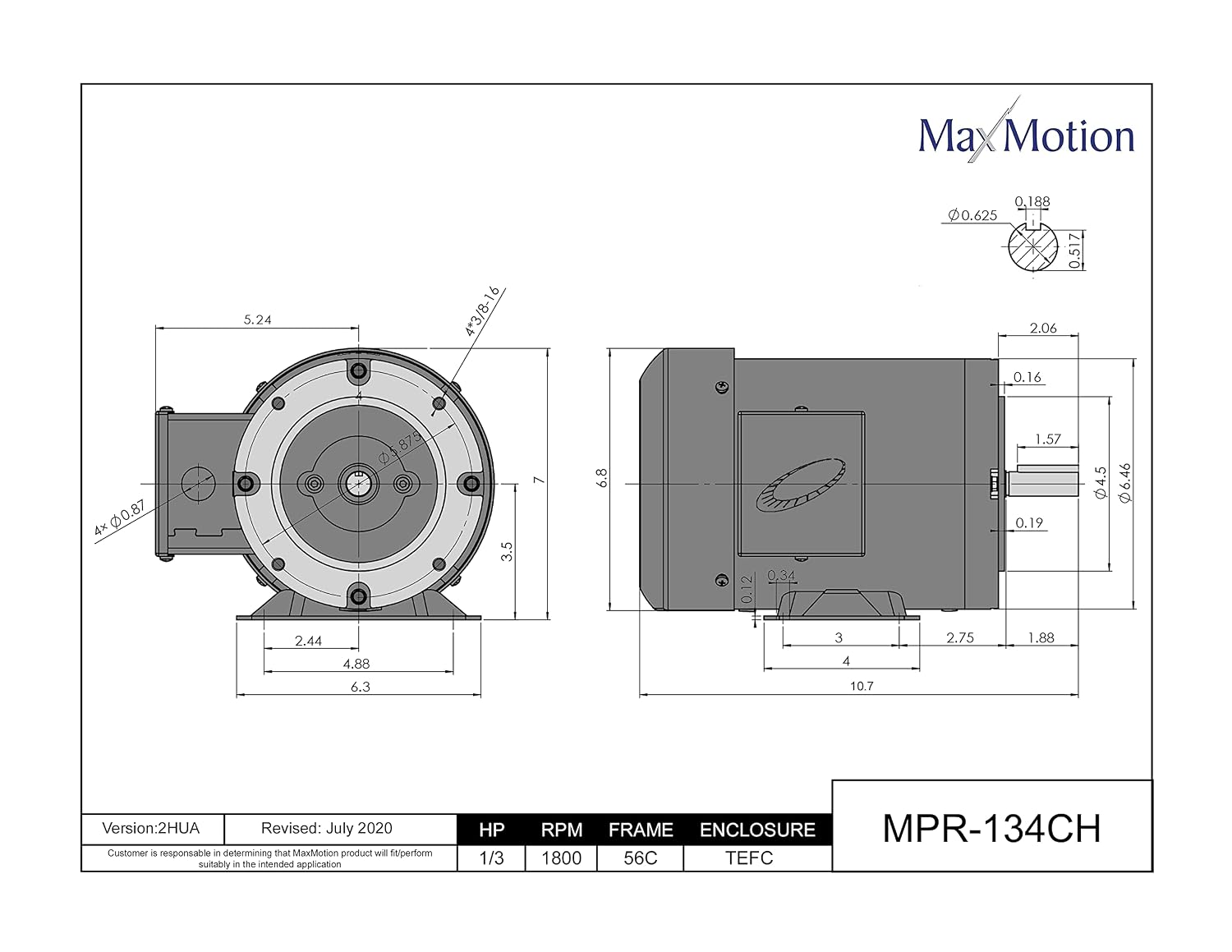 MAX MOTION MPR-134CH · All-in-ONE Electric Motor NEMA · 1/3HP, 1800RPM, 575V, 3PH, 60Hz, TEFC Enclosure, 56C Frame, Rolled Steel Epact, 10:1 CT ~ 20:1 VT, IP55, Class F, 1.15SF, Removable Base