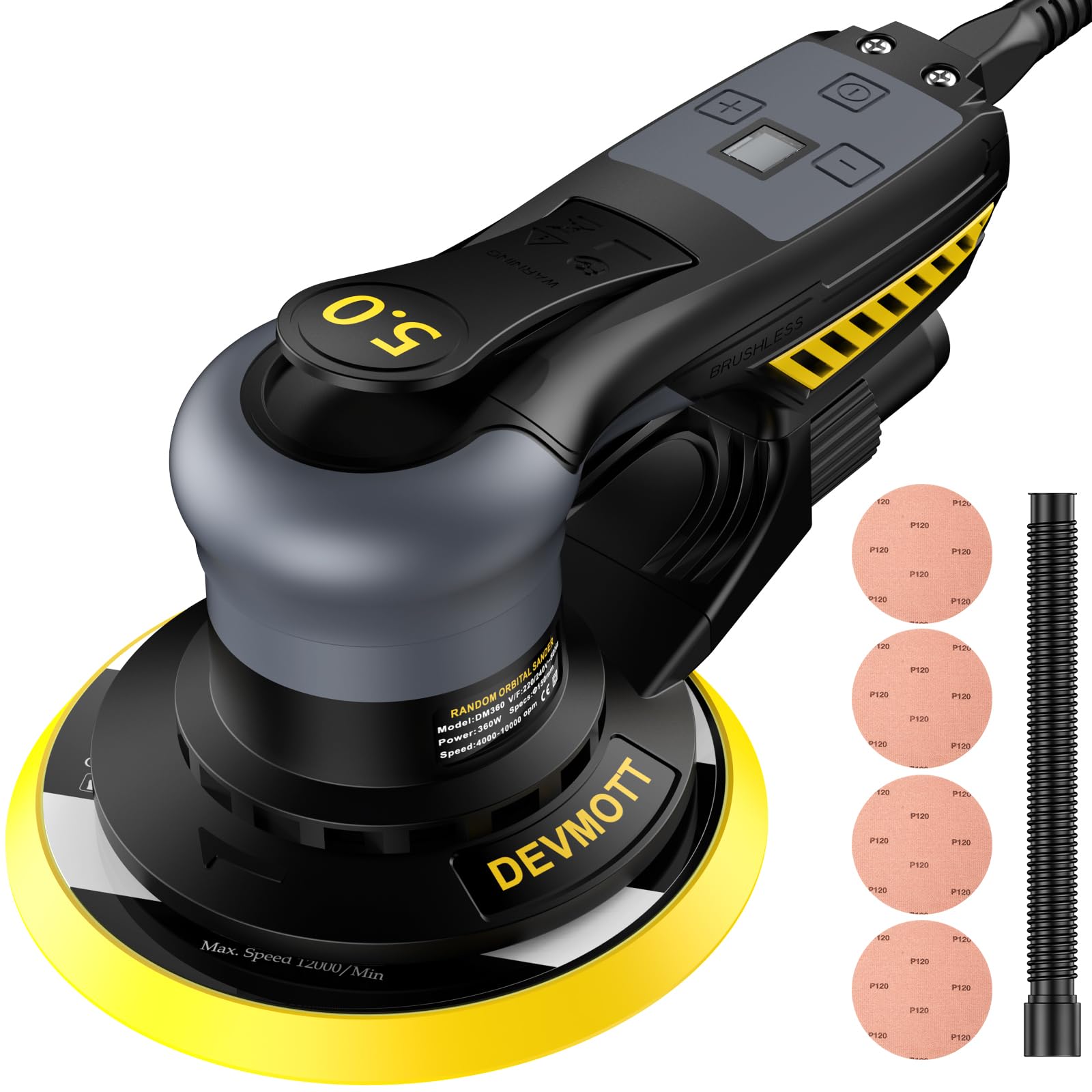 DEVMOTT Random Orbital Sanders 5.0mm, 360W Brushless Motor Electric Orbital Sander with 150mm/6IN Backing Plate, 6 Variable Speed to 10000RPM, Hand Sander for Wood Sanding