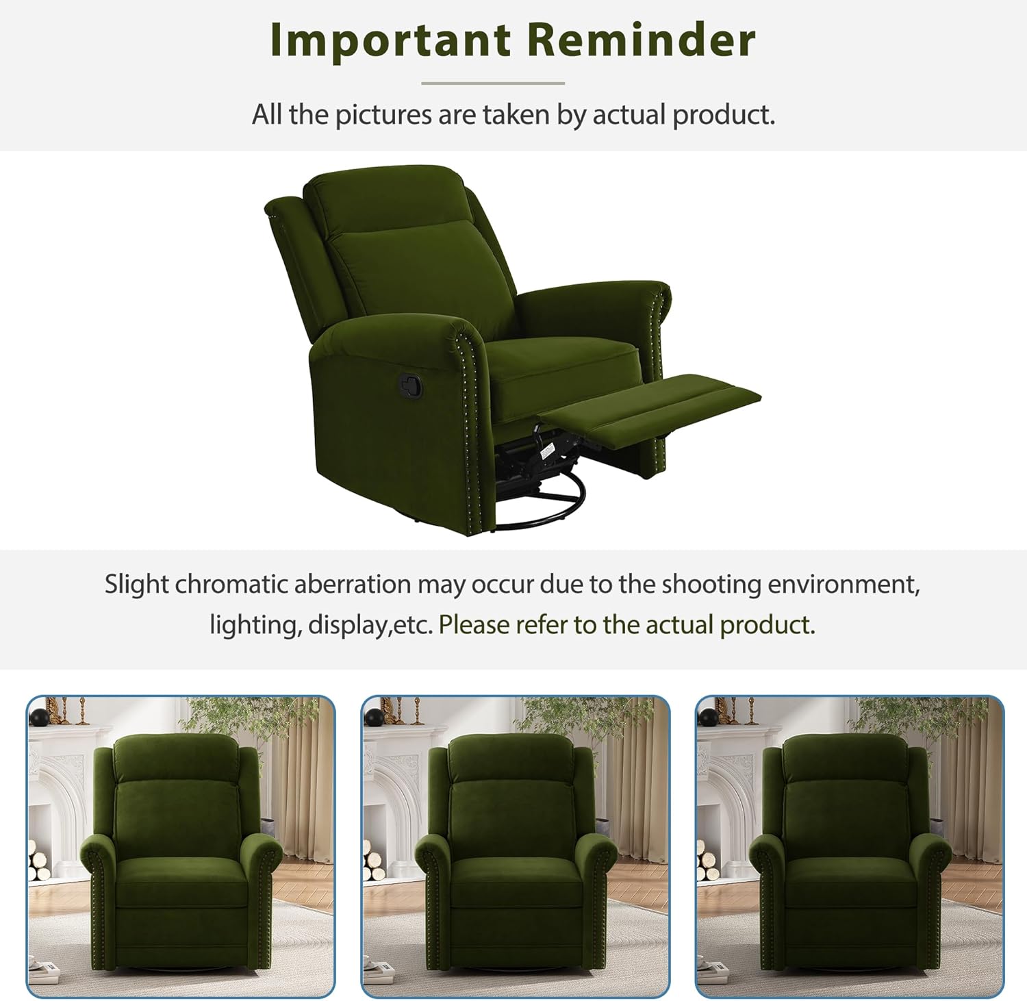 GDFStudio 360° Swivel Recliner, Manual Rocking Recliner Chair for Elderly,Home Theater Manual Recliner Chair,Nursery Rocker with Adjustable Backrest for Living Room,Green 34.25"*37.5"*40"
