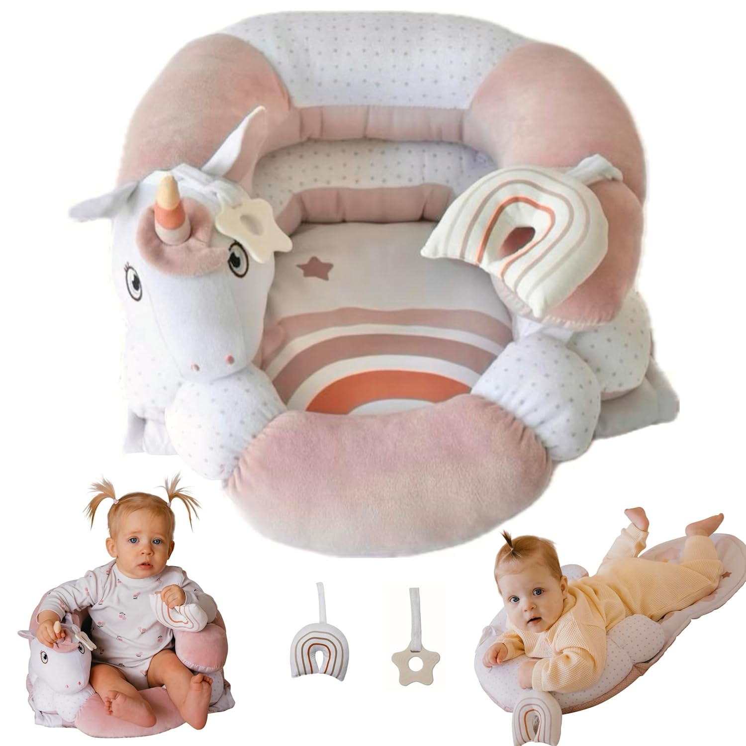2-in-1 Tummy Time Mat and Seated Support with Two Toys – for Newborns and Babies – Includes Detachable Cushion for Supervised Play & Head/Neck Development (Blush)