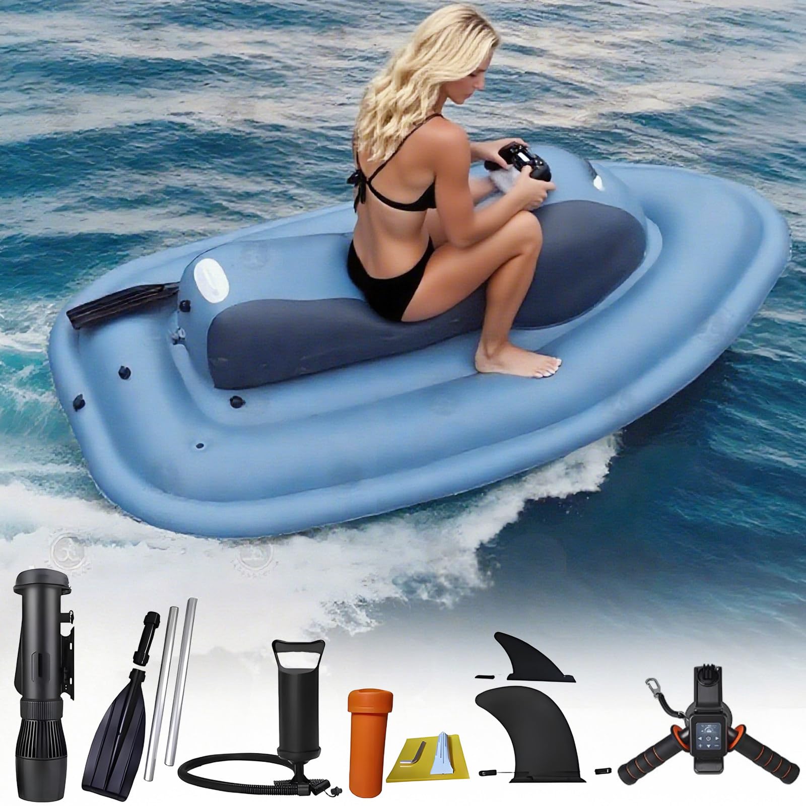 Gommone A Getto Gonfiabile per 2 Persone Migliorato, Scooter Subacqueo Elettrico Brushless da 500 W E 700 W, Motoscafo Gonfiabile Pieghevole, Gommone Acquatico Motorboat+500W10AThruster