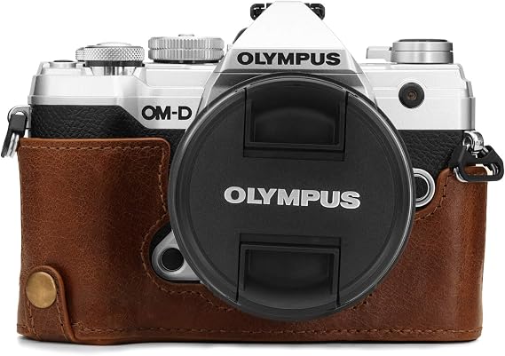 MegaGear MG1865 Ever Ready Genuine Leather Camera Half Case Compatible with Olympus OM-D E-M5 Mark III - Brown