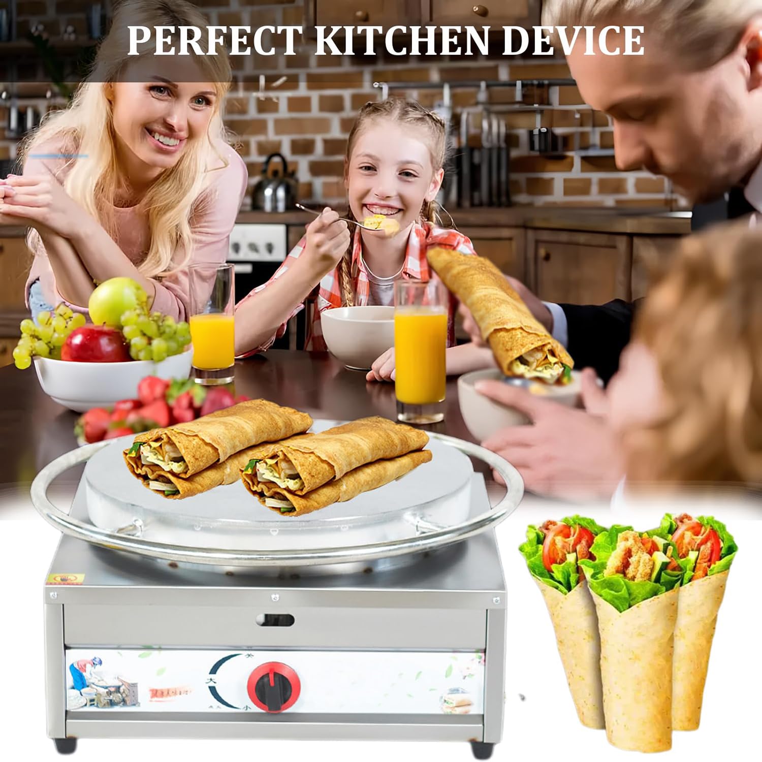 Macchina per Crepes Commerciale da 15,7 Pollici, Piastra Riscaldante Grande per Pancake a Gas Metano con Kit per Pancake, Piastra per Pancake con Rotazione a 360°, Termostato Regolabile, per Affari
