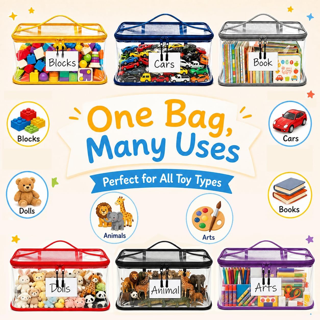 6 Pack Toy Storage Bags, BTXLBR Large Clear Toy Organizer Bags with Zippers