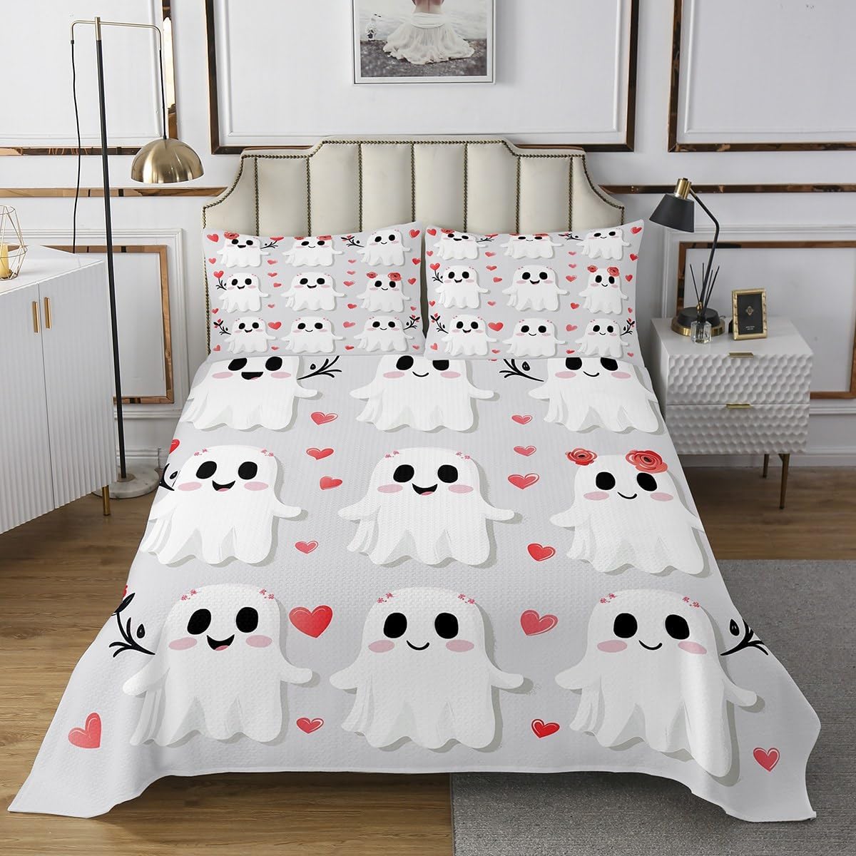 Erosebridal Happy Halloween Bedspread Sets for Kids Pumpkin Lantern Quilt Set Twin Size Gothic Cat Coverlet Set for Boys Teens Adult Bedroom Decor Horror Terror Theme Bedding Sets