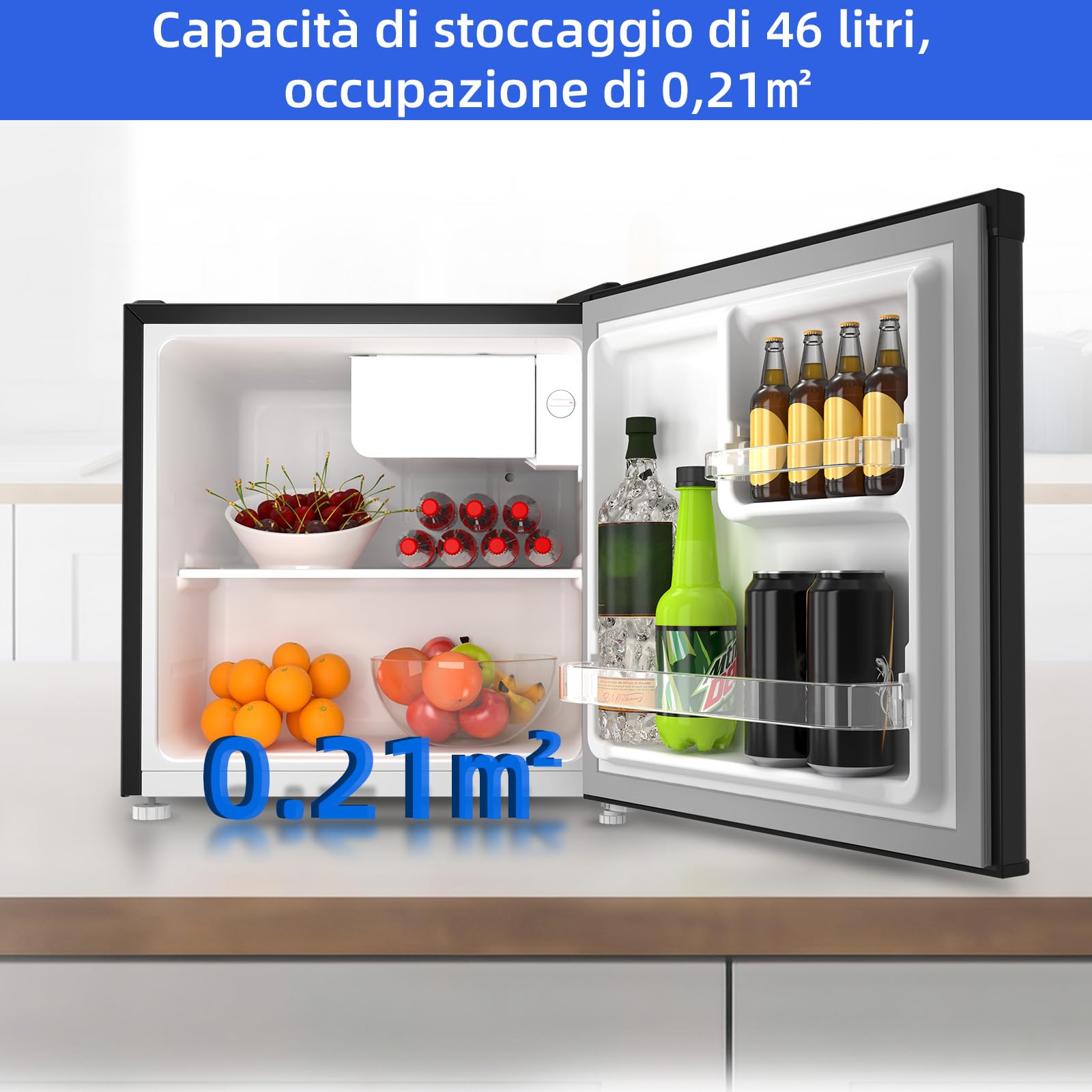 CHiQ Mini frigorifero 46 litri, 47x44,7 cm, frigorifero da tavolo con portabottiglie, scomparto refrigerato, termostato regolabile, silenzioso, per dormitorio, cucina, soggiorno, colore scuro 2023