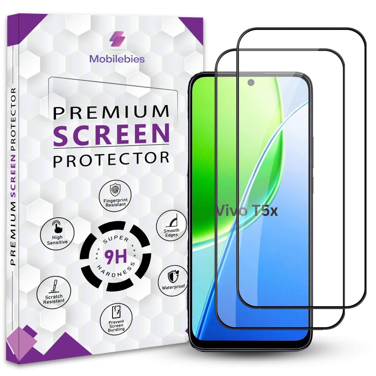 Mobilebies® Premium Tempered Glass Screen Protector Guard For Vivo T5x 5G (6.72 Inch, Pack of 2) | Edge to Edge Coverage With Easy to installation kit