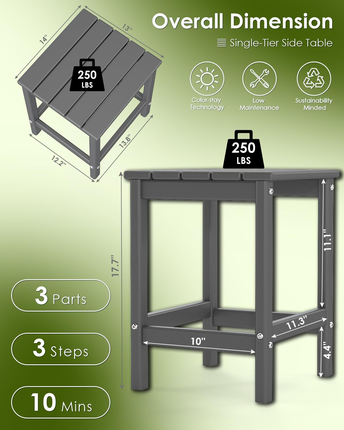 GREENVINES Adirondack-Outdoor-Side-Table | Set of 2 | Single-Tier | 14 x 13 Inches | HDPE Plastic | All Weather | Grey | Outside End Tables | for Patio Porch Backyard Indoor