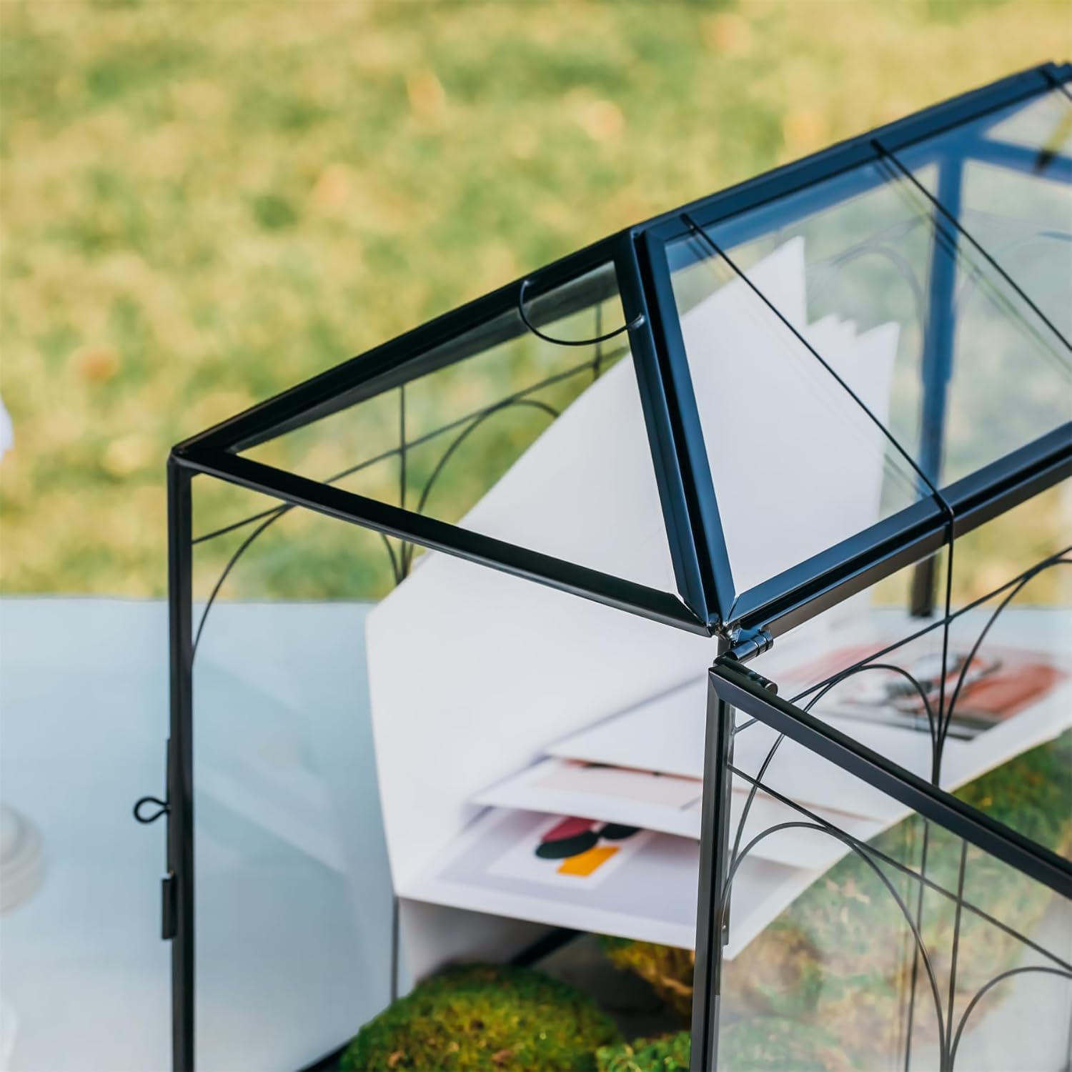 NCYP Wedding Glass Cards Box with Slot and Lock - 12.6" x 5.9" x 9" Vintage Indoor Tabletop Geometric Terrarium, Black Card Holder for Reception, Wishwell, Party Decor (Glass Box Only)