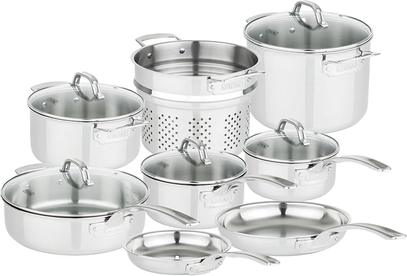 Juego de ollas y sartenes Viking de 3 capas, 13 piezas de utensilios de cocina de acero inoxidable, tapas de vidrio, colador, plata