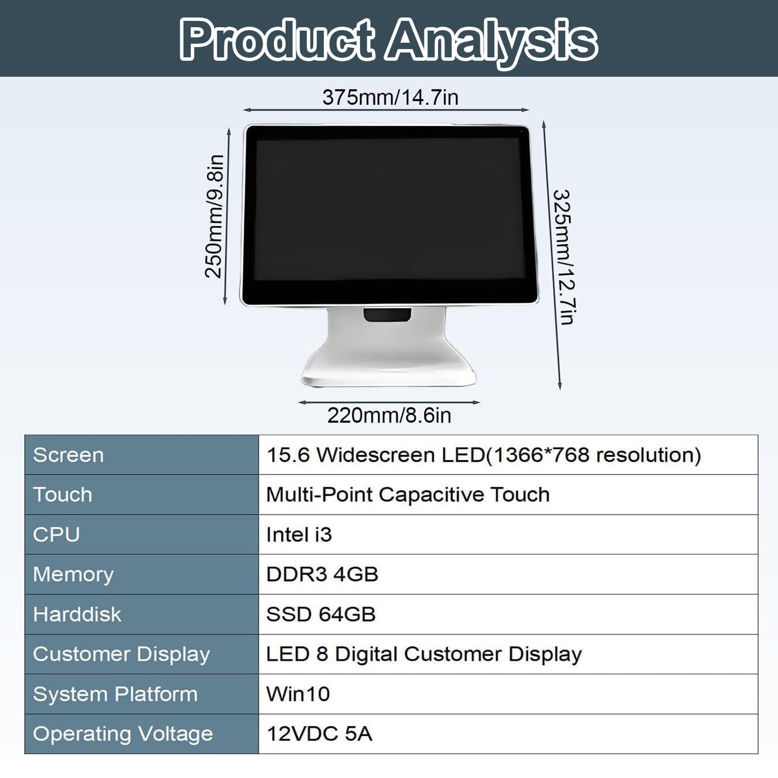 Terminal POS para pequeñas Empresas, Punto de Venta Caja registradora con Windows-10 Professional, Pantalla táctil de 15,6", 4 GB de RAM, SSD de 64 GB, 1920 x 1080 píxeles (Solo Hardware)