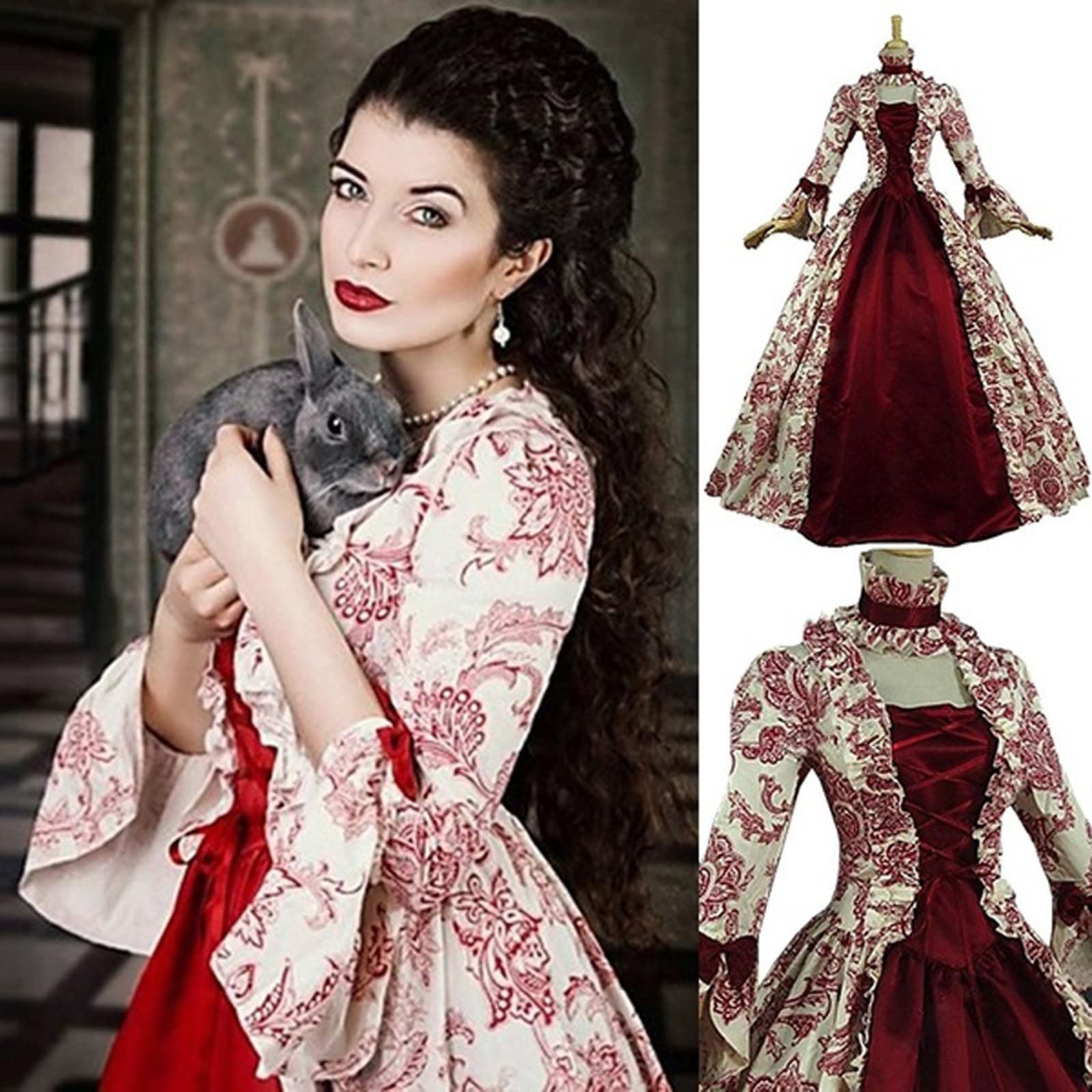 Robe Steampunk Femme Robe De Dentelle avec Manches Trompette Robe De Bal Punk Renaissance Gothique Robe Princesse Steampunk Déguisements Halloween Carnaval Deguisement Robe Medievale Femme