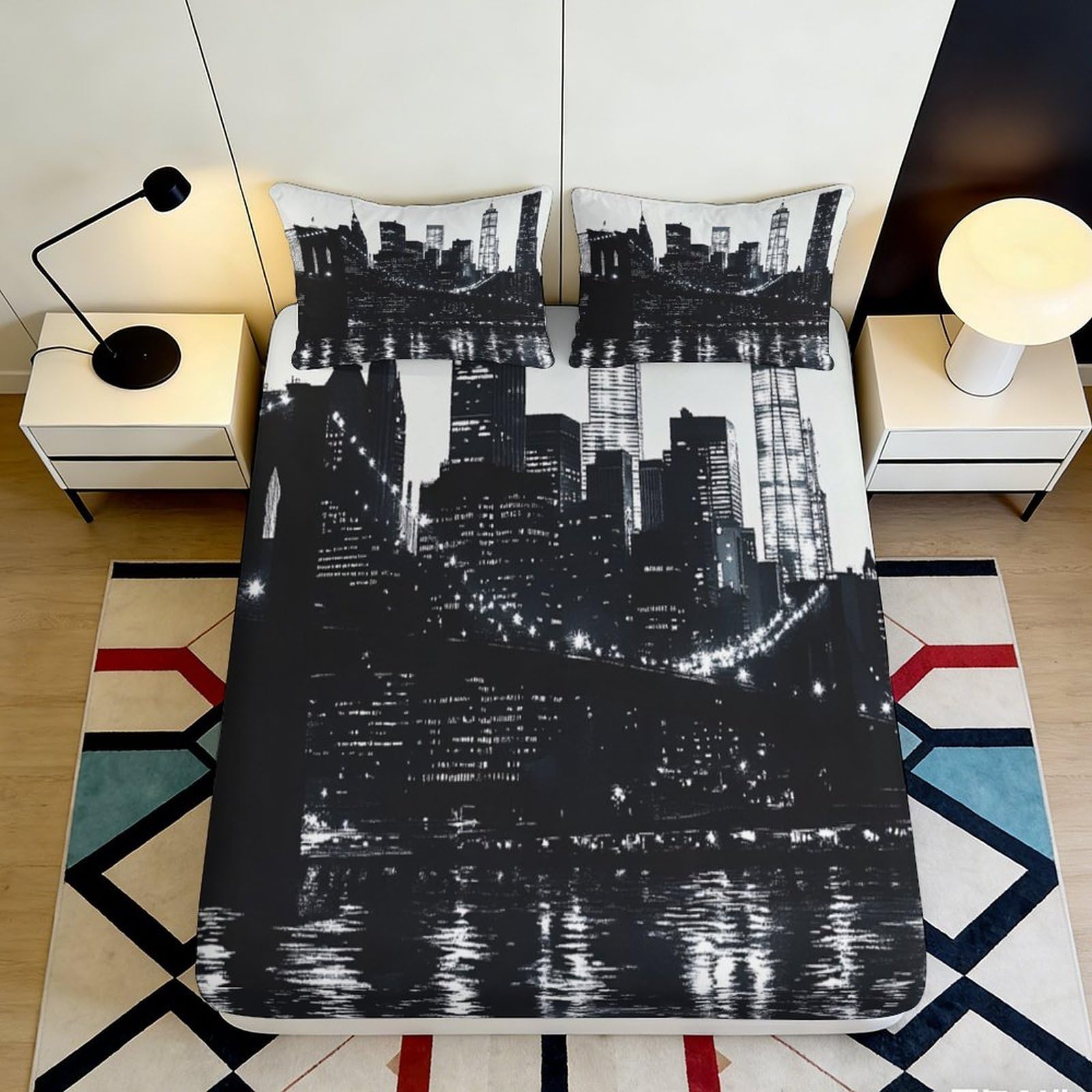3D Printed City Skyline Fitted Sheet Microfiber Deep Pocket Bedroom Bedding Urban Mattress Fitted Cover Elastic Hem for Adults 140x200x25cm