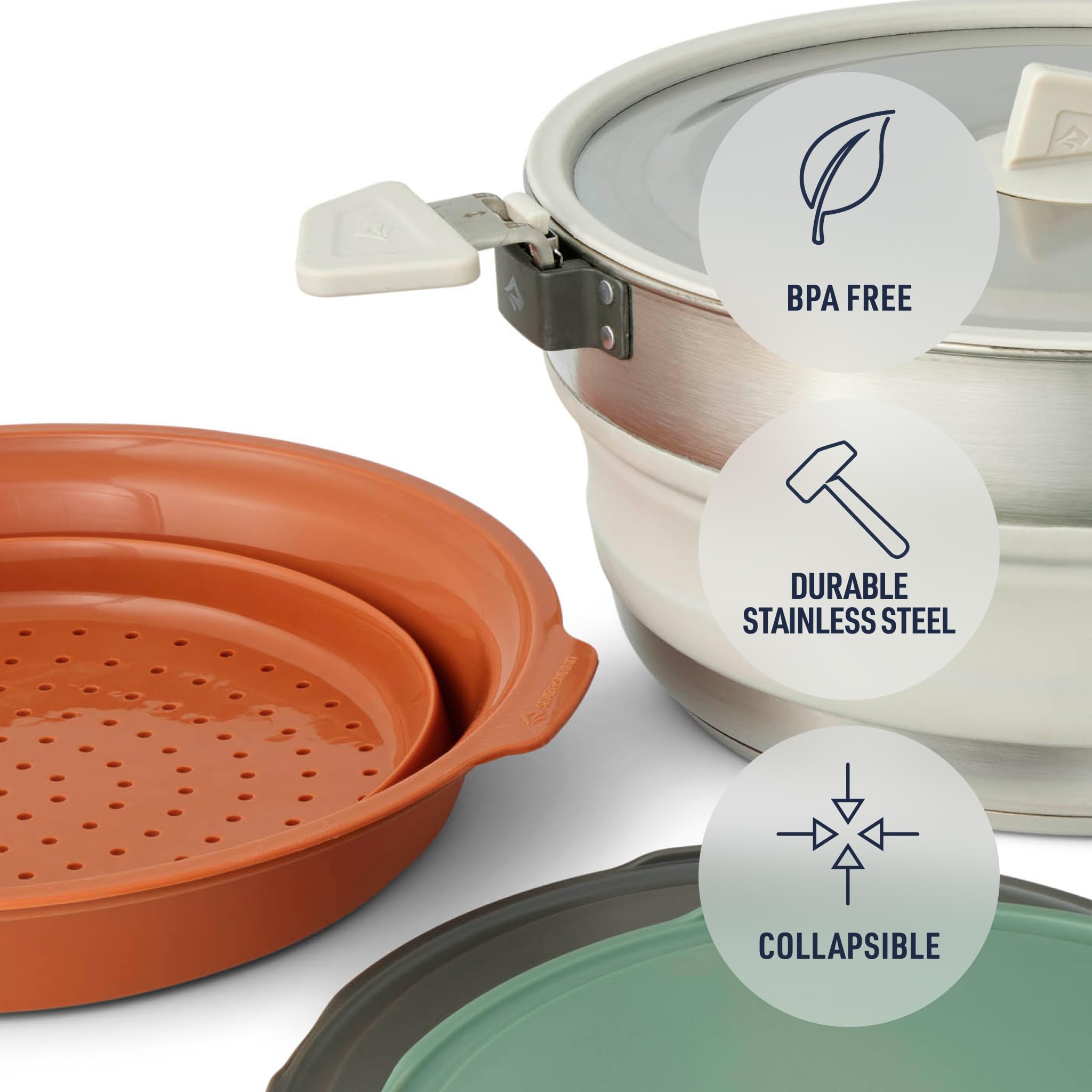 SEA TO SUMMIT - Detour Essentials Camp Kitchen Kit - 2-4 persone, 4 pezzi - Pentola pieghevole da 5 l e colino + coperchio + 2 taglieri - Senza BPA - Pentole da campeggio in silicone e acciaio inox -