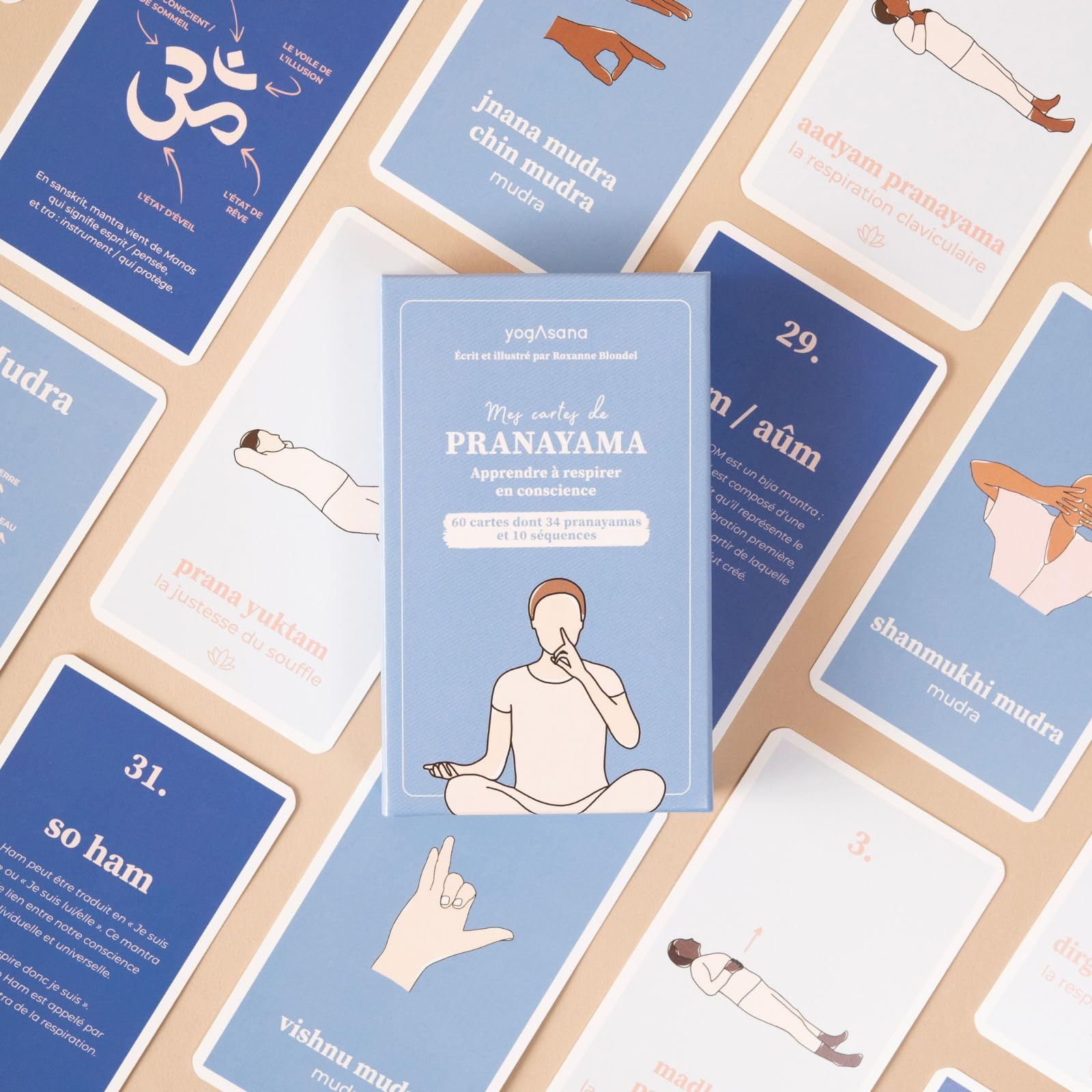 Yogasana jeu de carte français Pranayama - 60 cartes – Apprenez à respirer en conscience – Créez votre routine personnalisée - Illustrations de postures – Coffret ludique & accessible pour tous niveau