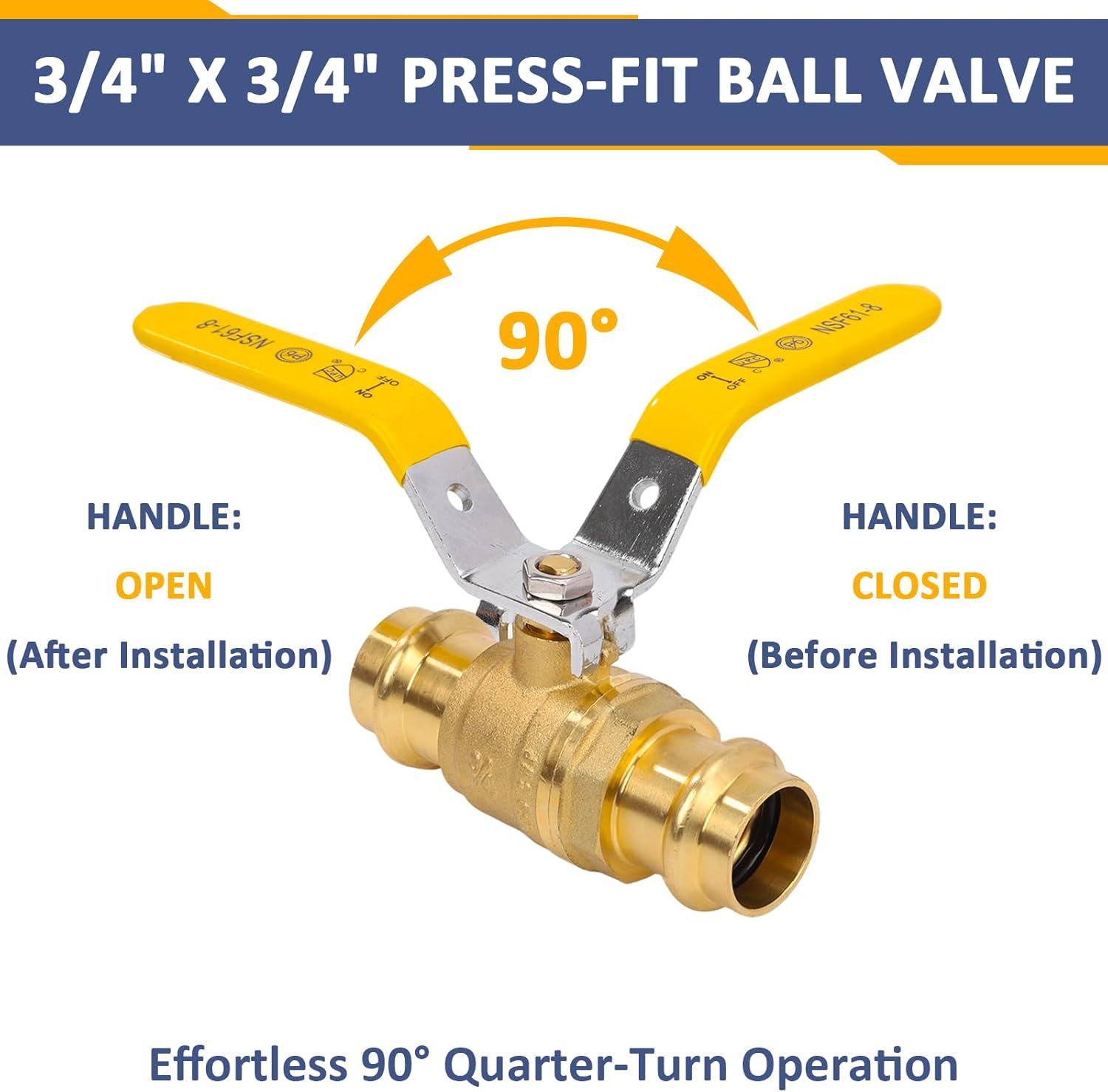 3/4" Brass Press Fitting Ball Valve Full Port Heavy Duty with EPDM O-Ring Seal 1/4 Turn Shut Off for Copper Pipe Connection(Pack of 10)