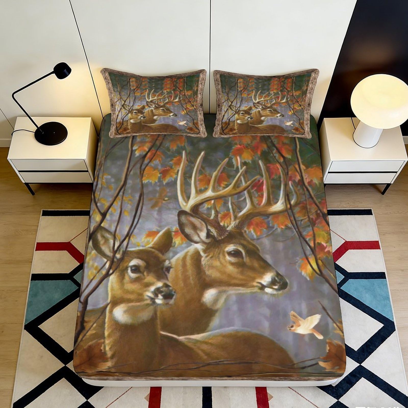 3D Printed Autumn Deer Fitted Sheet Microfiber Soft Breathable Forest Elk Bed Cover for Bedroom Guest Room Decor 90x200x25cm