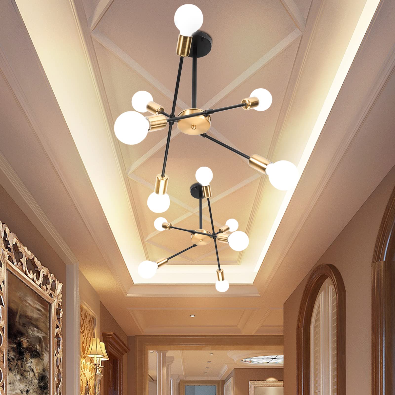 iDEGU Lampadario Soggiorno Moderno, 6 Luci Lampada da Soffitto Regolabile Plafoniera LED Vintage Illuminazione E27 Lampada a Sospensione Industriale per Camera da letto Sala da Pranzo (Nero Oro)