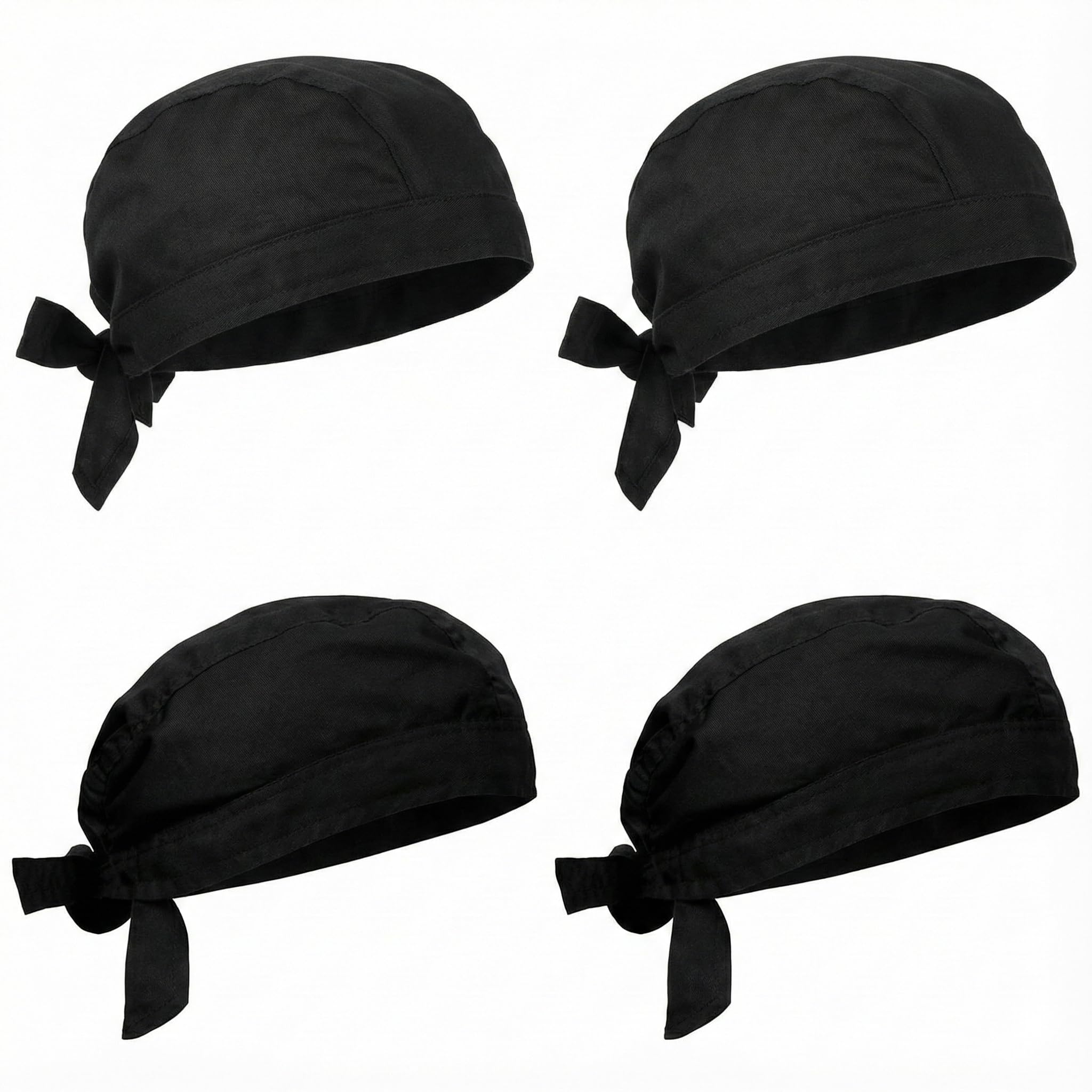 4 Gorros Cocinero Estilo Pirata Negro, Bandana Chef Ajustable a Tiras, Gorro Cocina Transpirable Unisex para Restaurante Sushi Hostelería - Negro